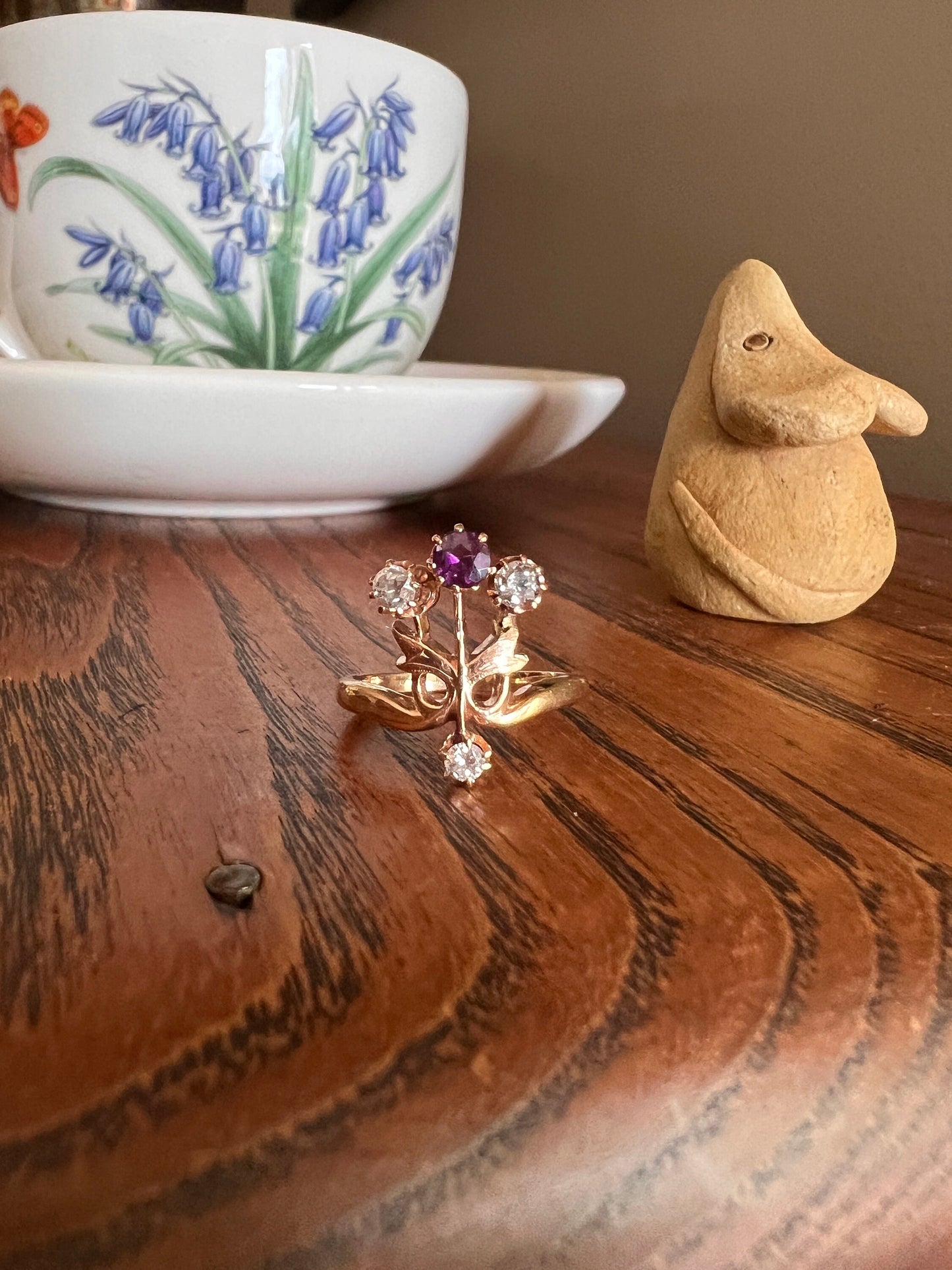 BOUQUET of FLOWERS Ring Art Nouveau 14k Gold Purple Amethyst Old Cut DIAMONDS Figural Ring Ribbon Jugendstil Romantic Gift Belle Epoque
