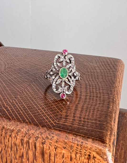 EMERALD French ANTiQUE Rose Cut DIAMOND Swirl RUBY Belle Epoque Shield Ring Victorian 18k Gold Romantic Gift Stacker Dramatic Cocktail Green