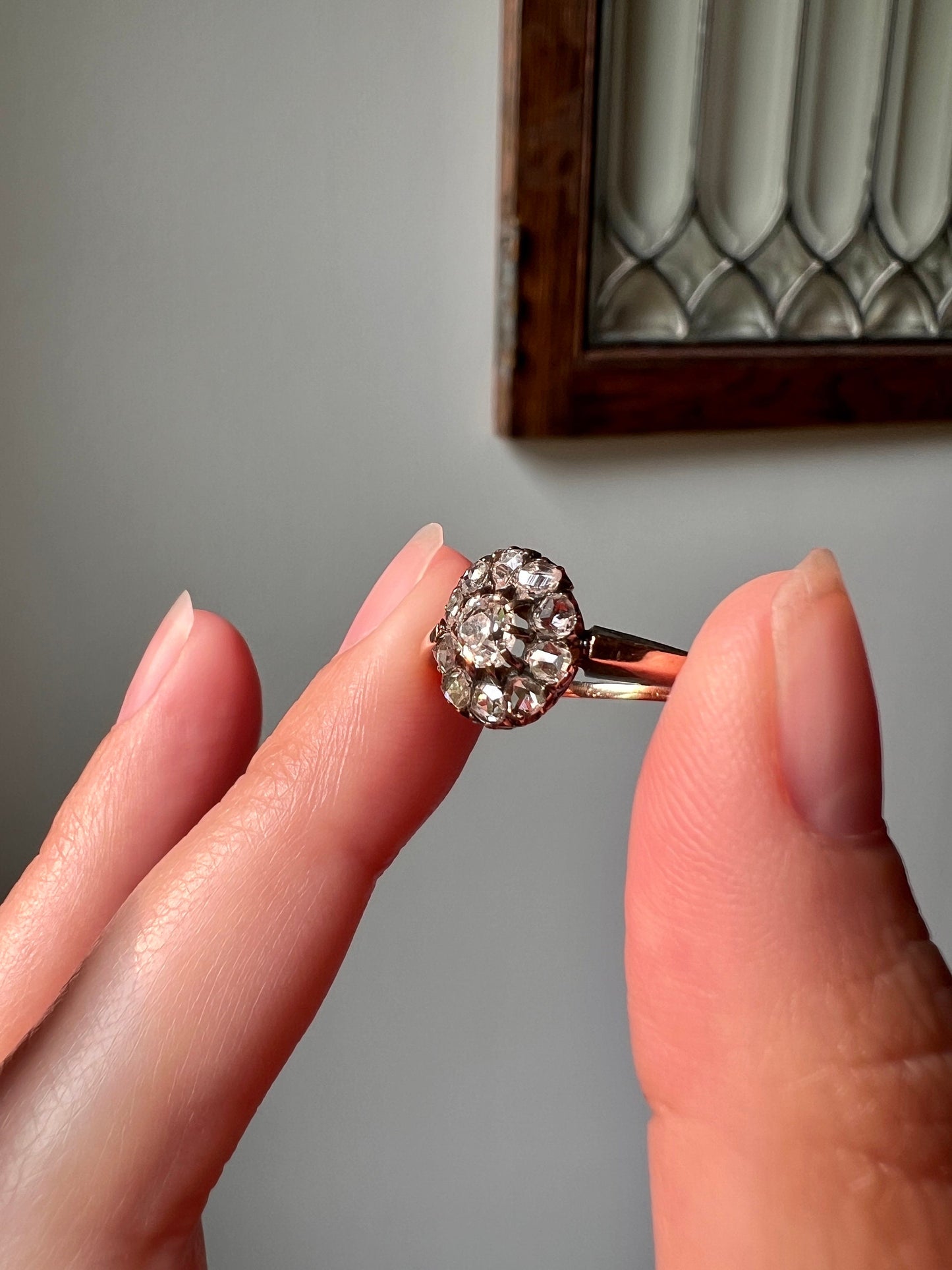 Oval French ANTIQUE .75 Carat Old Mine Cut DiAMONDS Rose Halo 18k Gold Cluster Ring Belle Epoque Victorian OMC 0.75TDW 3/4 Ct Chunky Sparkle