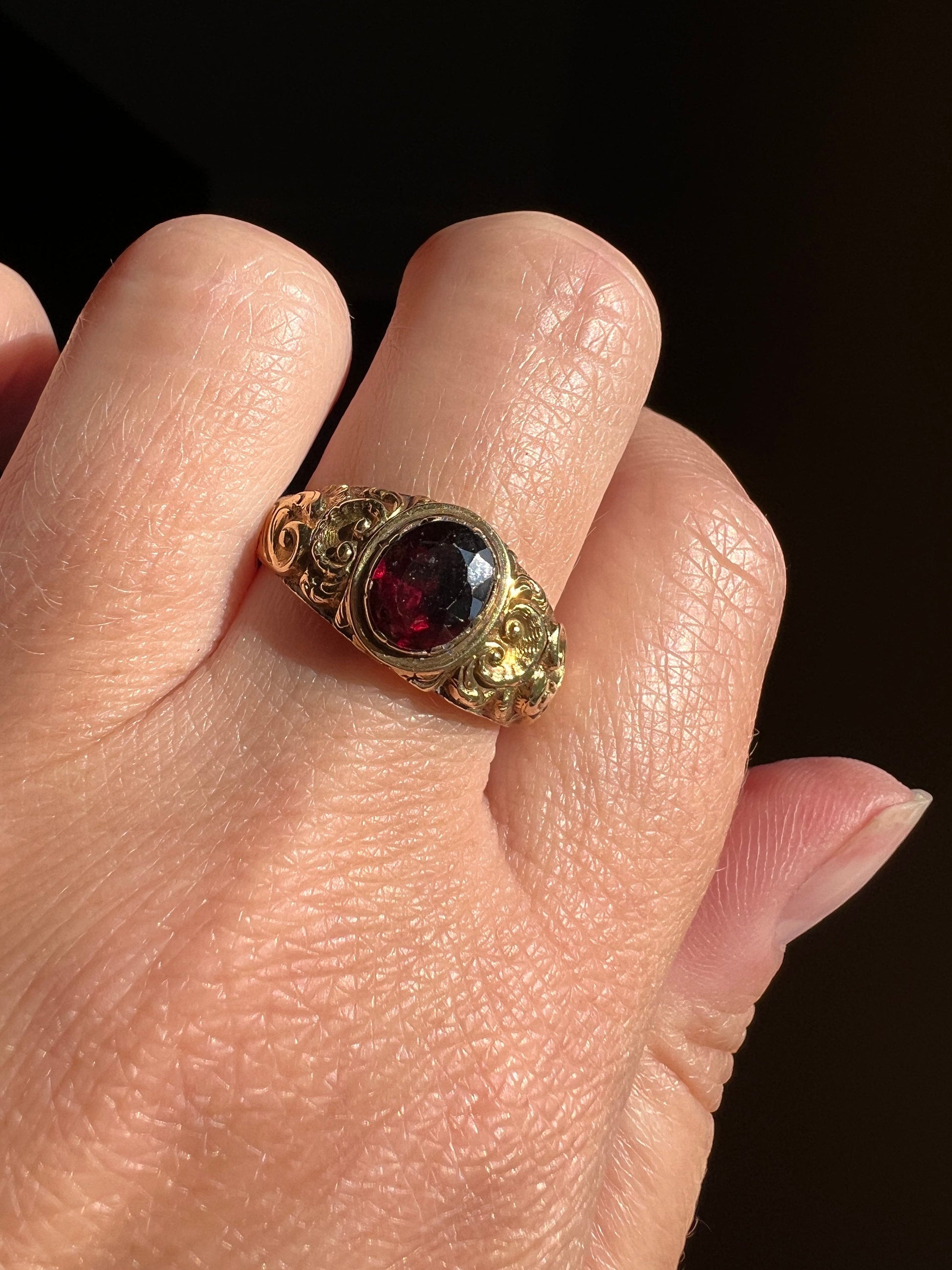 ORNATE Red GARNET Deeply Embossed Antique Ring 15k Gold Victorian Stacker Romantic Gift Shell Swirl Band Georgian Collet Set Oval Not 14k