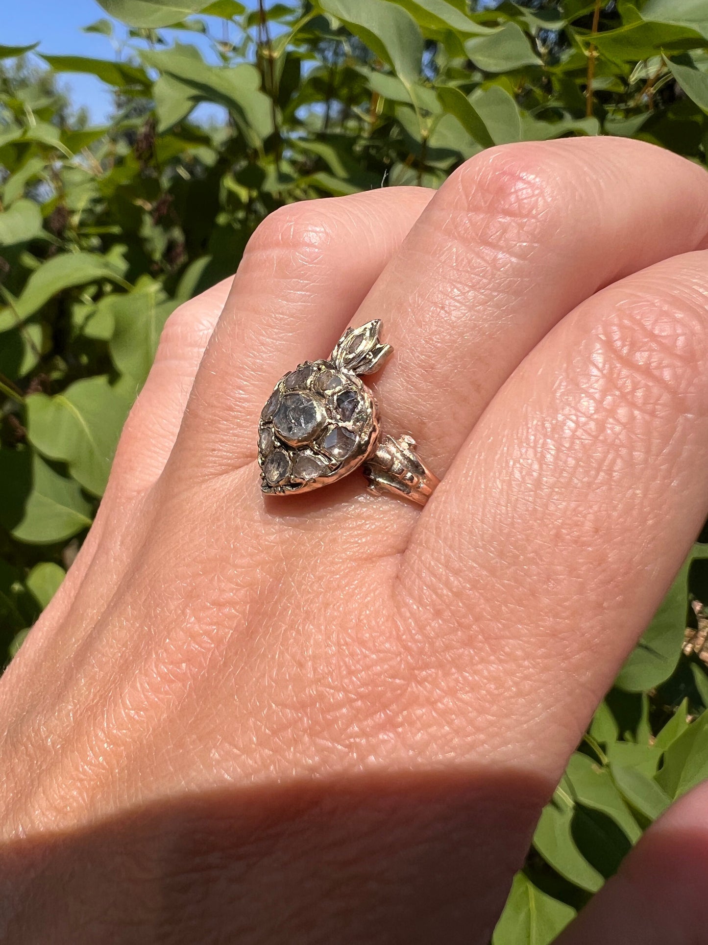 FLAMING HEART French Antique GEORGIAN Era Rose Cut Diamond 18k Gold Ring Crowned Witch's Antique Figural Victorian Moody Sparkle Love Gift