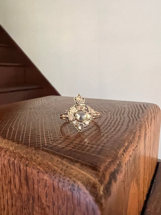 FLAMING HEART French Antique GEORGIAN Era Rose Cut Diamond 18k Gold Ring Crowned Witch's Antique Figural Victorian Moody Sparkle Love Gift