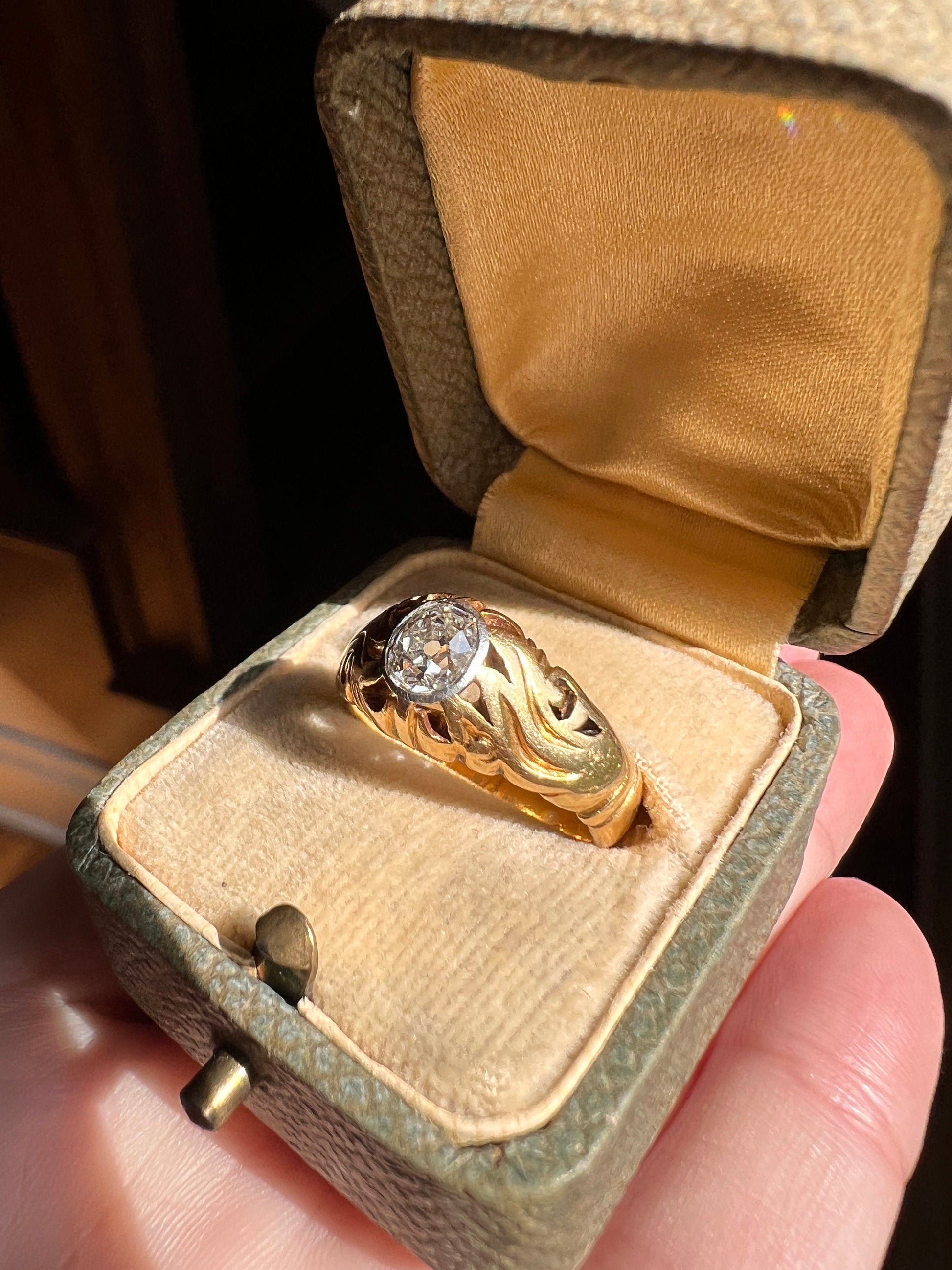 FIRE French Antique FLAMES .6 Carat Old Mine Cut DIAMOND 8.3g 18k Gold Platinum Ring .6Ctw Rare Unisex Gift Gypsy Wide Band Solitaire Heavy