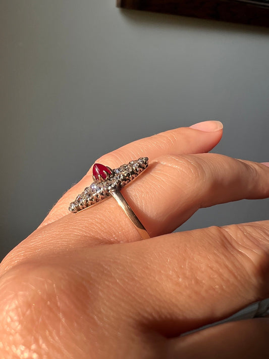 Antique FRENCH 14k Gold Ring Tall SUGARLOAF Cabochon Dome Ruby .6 Carat Old Mine Cut DIAMOND Navette Boat Belle Epoque Art Nouveau Victorian