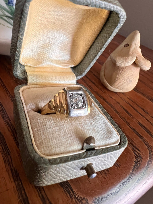 French Antique .4 Carat Old Mine Cut Clear DIAMOND Geometric Ring 18k GOLD Platinum Buttery Stepped Sides Chunky Stacker Gift Art Deco OmC