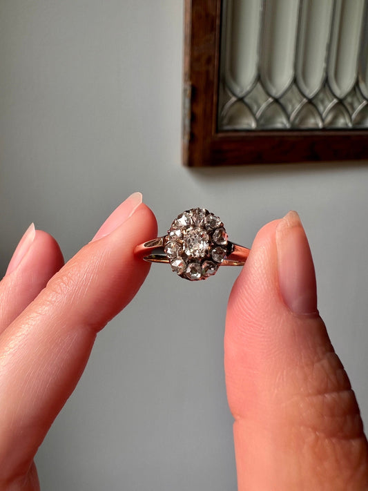 Oval French ANTIQUE .75 Carat Old Mine Cut DiAMONDS Rose Halo 18k Gold Cluster Ring Belle Epoque Victorian OMC 0.75TDW 3/4 Ct Chunky Sparkle