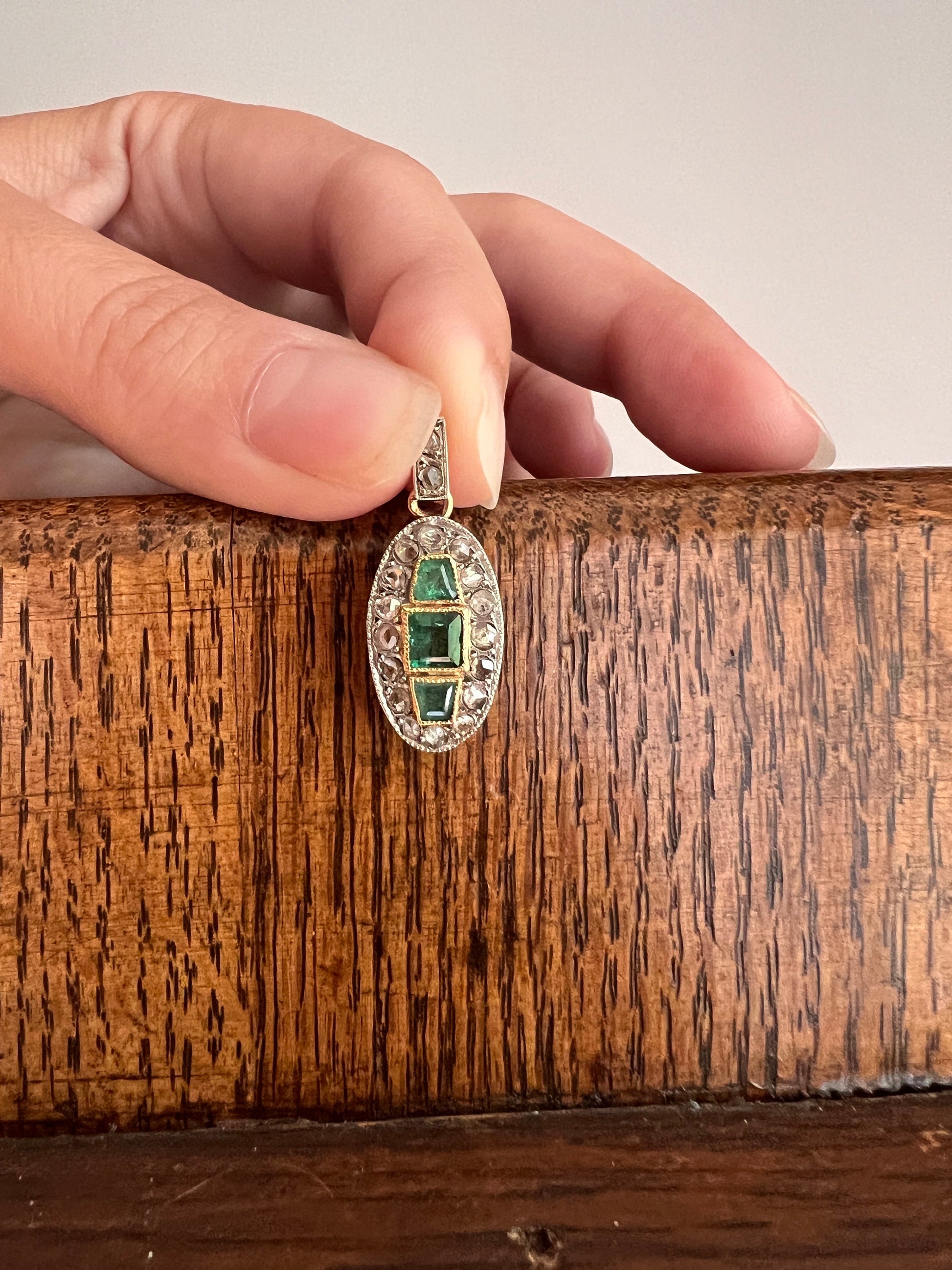 EMERALD Oval French Antique 18 Old Rose Cut DiAMONDS 18k Gold Trapezoid Green Pendant Romantic Gift Edwardian Geometric Milgrain Sparkle