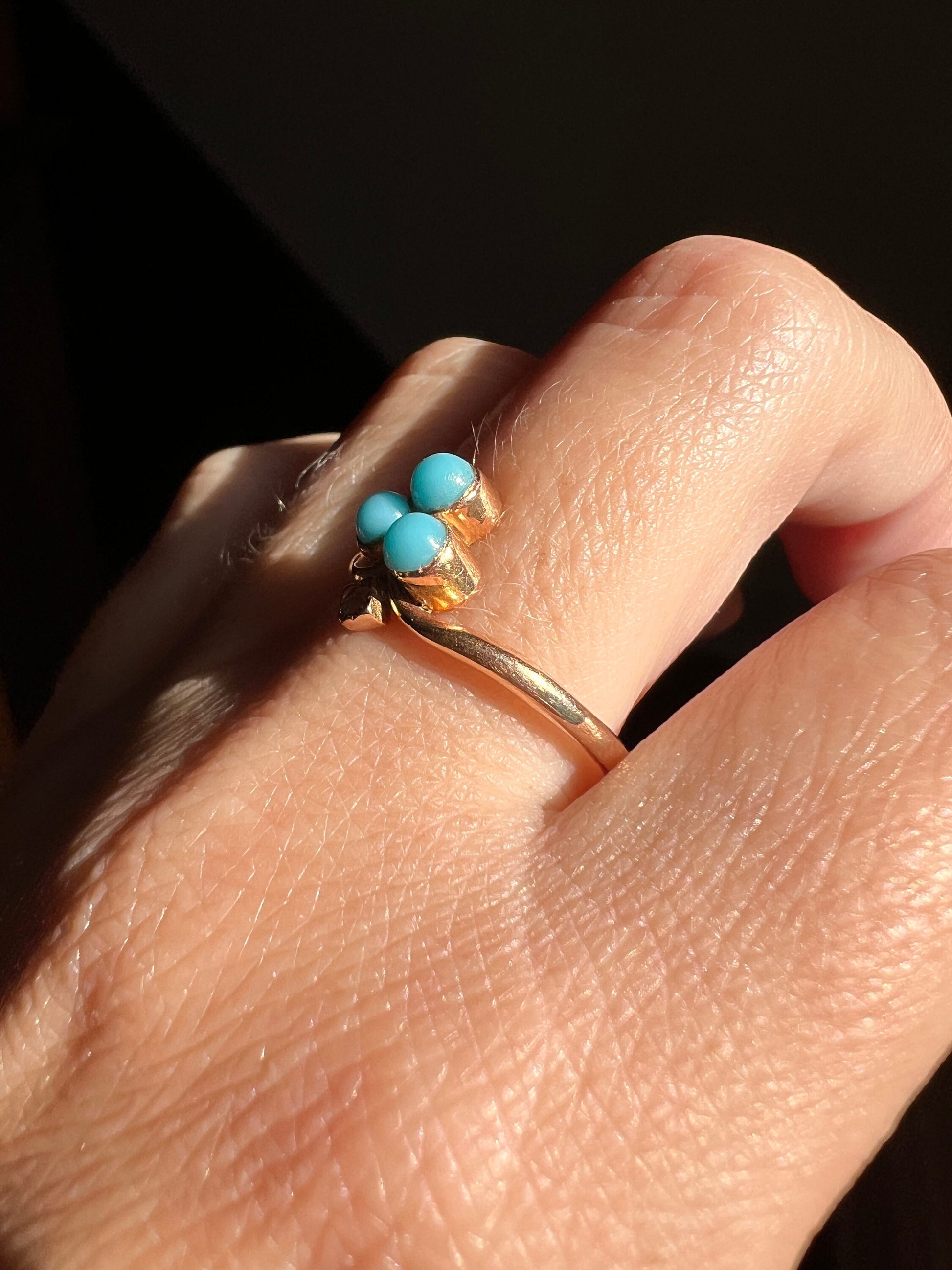 TURQUOISE Lucky CLOVER Rose Cut DIAMOND 18k Rose Gold French Antique Figural Ring Victorian Belle Epoque Stacker Romantic Gift Blue Tiara