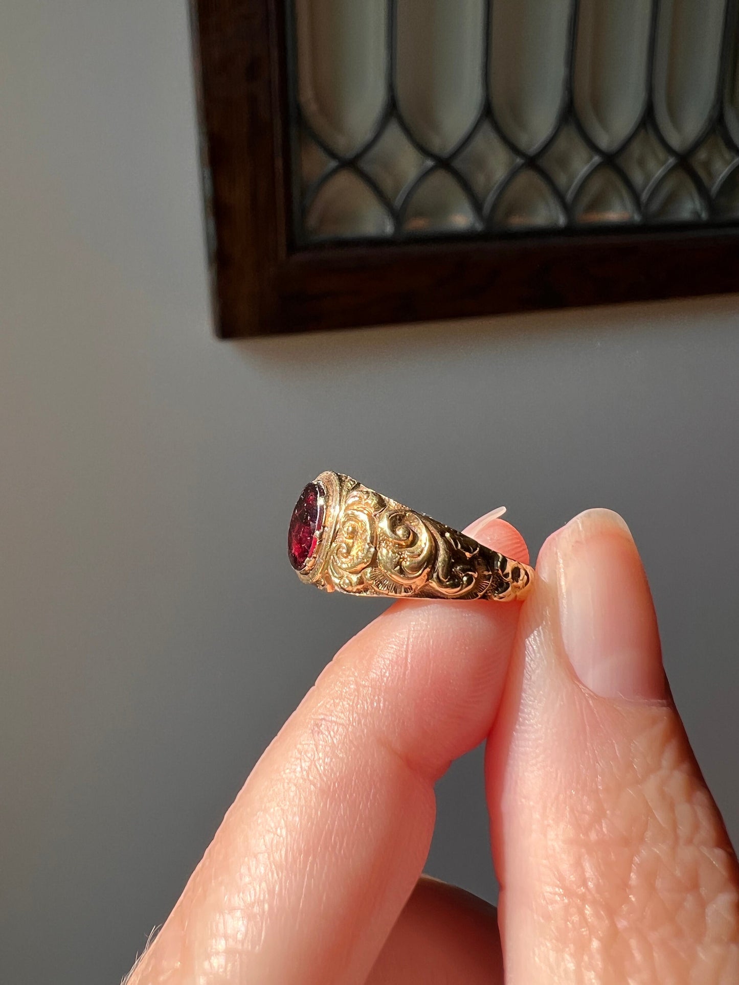 ORNATE Red GARNET Deeply Embossed Antique Ring 15k Gold Victorian Stacker Romantic Gift Shell Swirl Band Georgian Collet Set Oval Not 14k