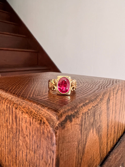 TALL Chunky Antique Pink RUBY Ring 18k Gold Sturdy 7.6g 18k Gold Oval Rectangular Face Buttery Glow Early 1900s Stacker Romantic Gift Heavy