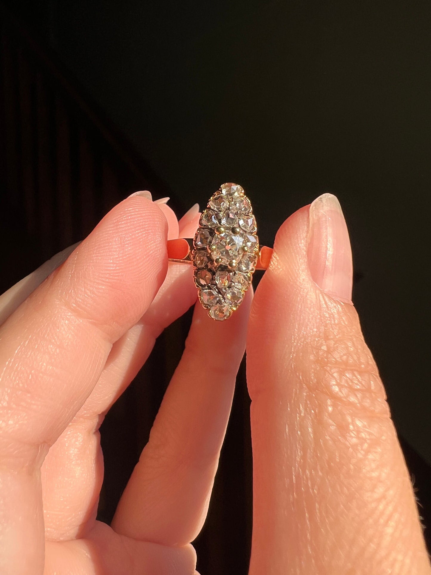 French Antique 1.1 Carat Old Mine Cut DIAMOND 16 Rose Cut Navette Marquise RING 18k GOLD Belle Epoque Stacker Romantic Gift 1.1 Ctw OmC Love