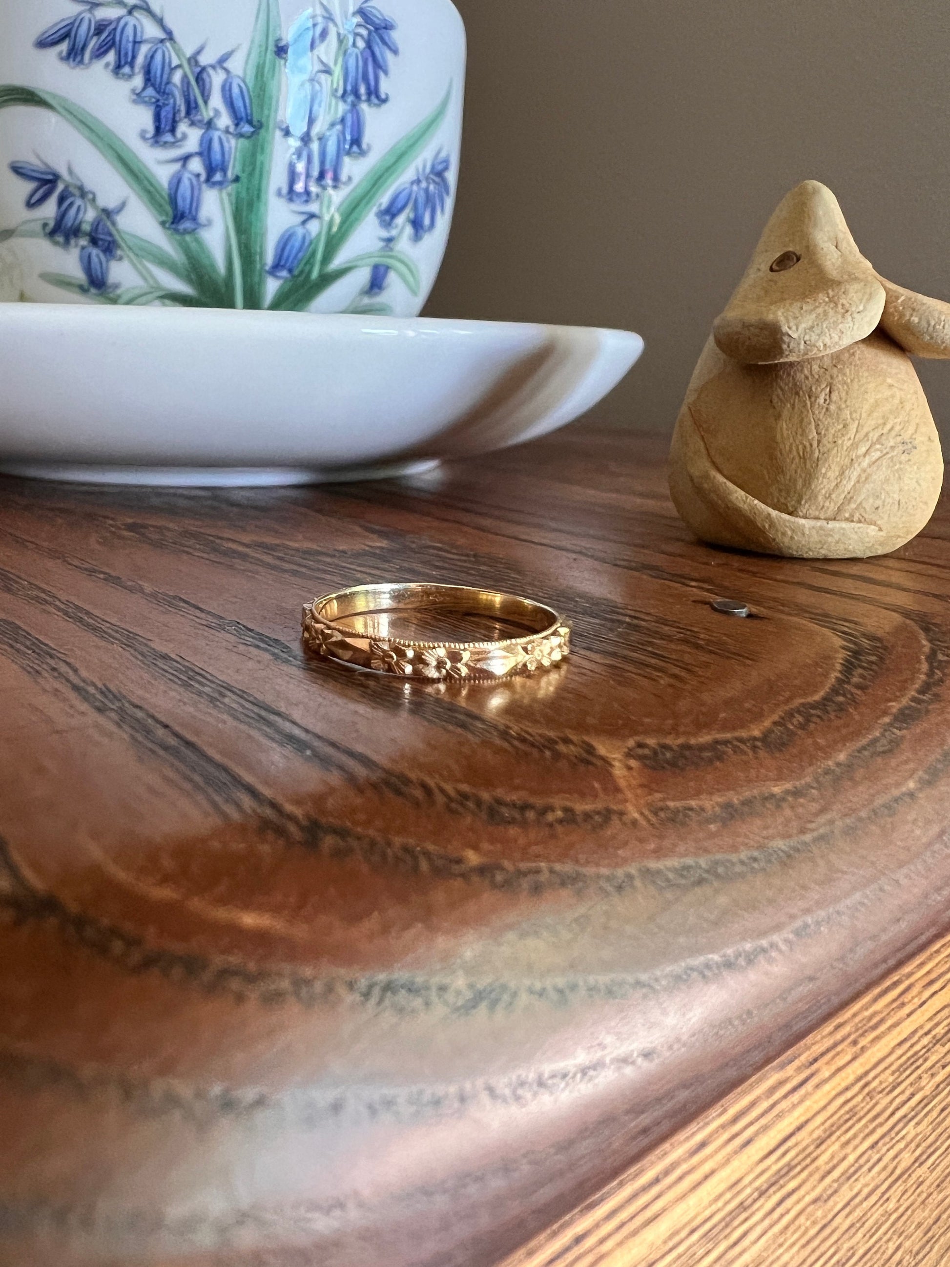 FLORAL Victorian Antique Skinny BAND Stacker Ring 14k GOLD Rosy Double Forget Me Not Orange Blossom Dainty Minimalist Romantic Gift Milgrain