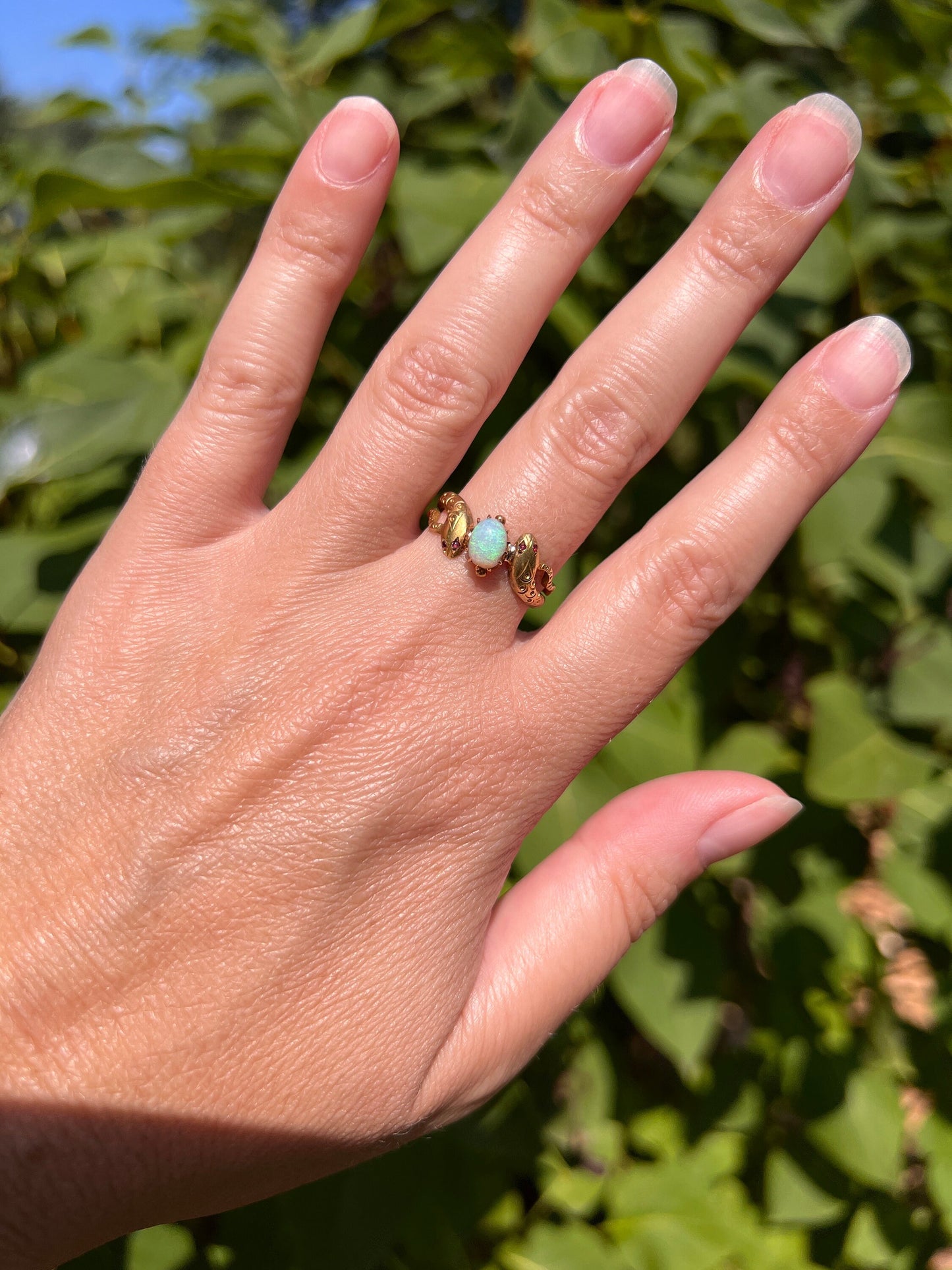 SNAKES Antique Victorian Blue OPAL 14k Gold Ring Ruby Eyes Double Coiled Stacker Band Romantic Gift Eternal Love Figural Serpents Tails