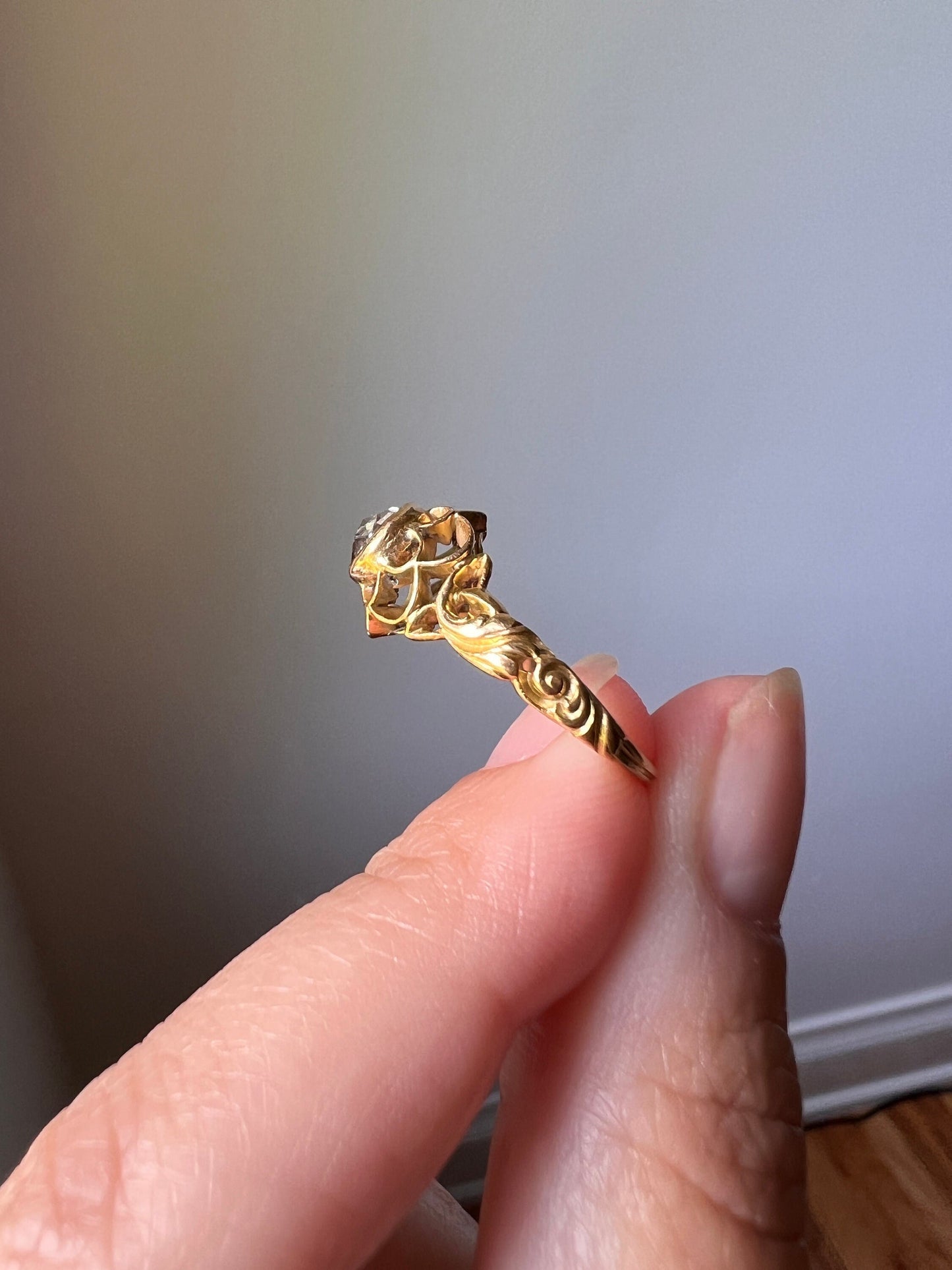 Large BUTTERCUP Acanthus LEAF French VICTORiAN Antique Rose Cut Diamond Ring 18k Gold Foiled Disco Ball Ornate Romantic Gift Belle Epoque