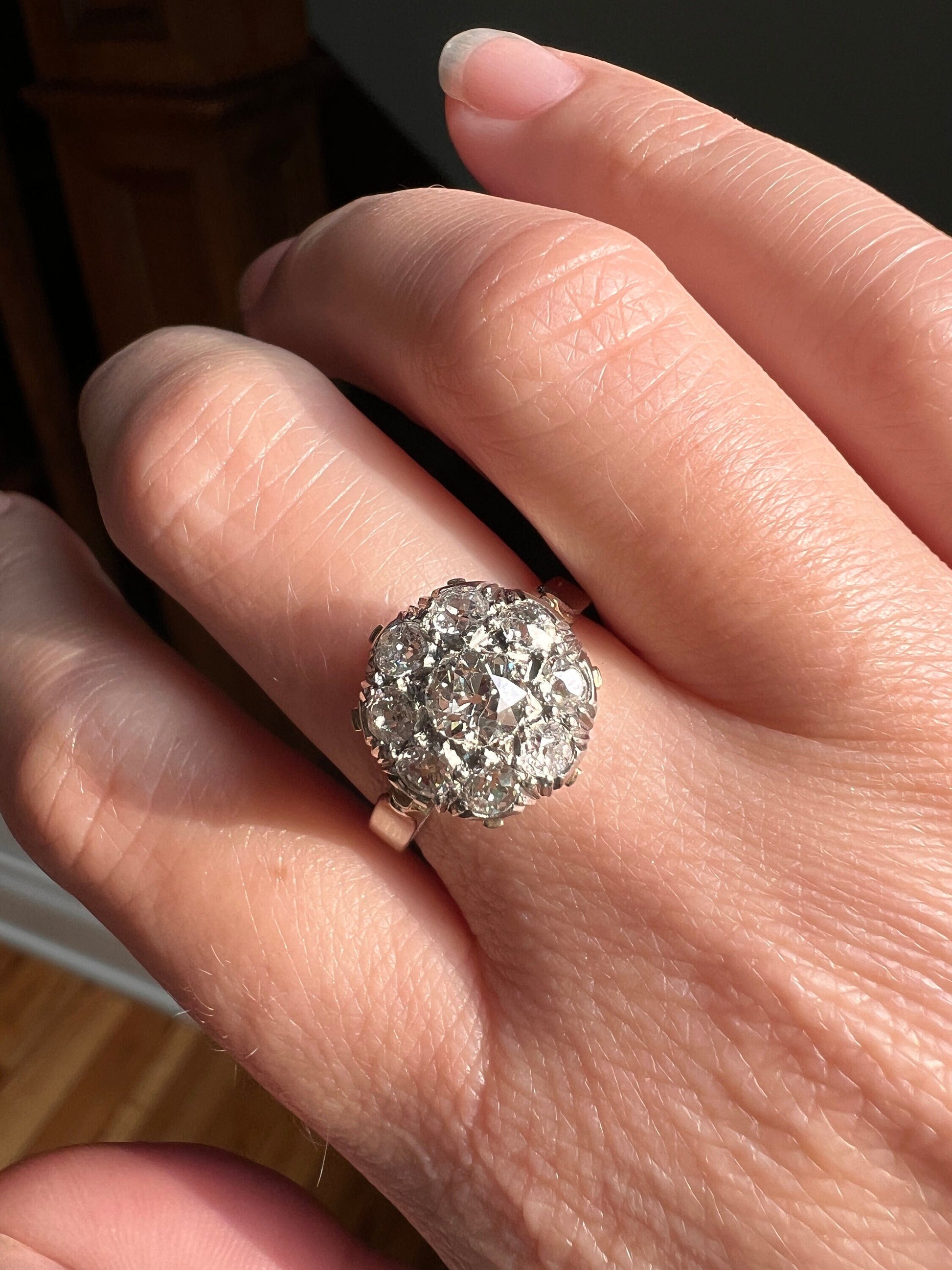 French Antique 1.1 Carat Old Mine Cut DIAMOND CLUSTER Ring PLATiNUM 18k White Gold Tall Sparkle Romantic Gift Chunky Belle Epoque Edwardian