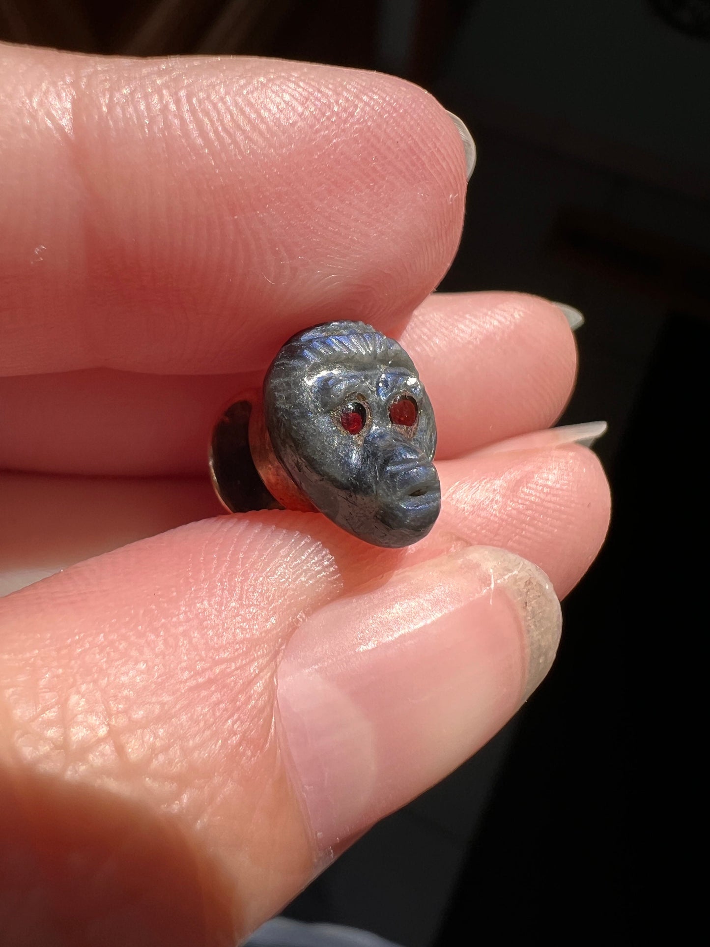 MONKEY Victorian LABRADORITE 14k Gold Figural ANIMAL Jewelry Button for Conversion Charm Pendant Earring Ring Rare Ruby Eyes Blue Flash Ape