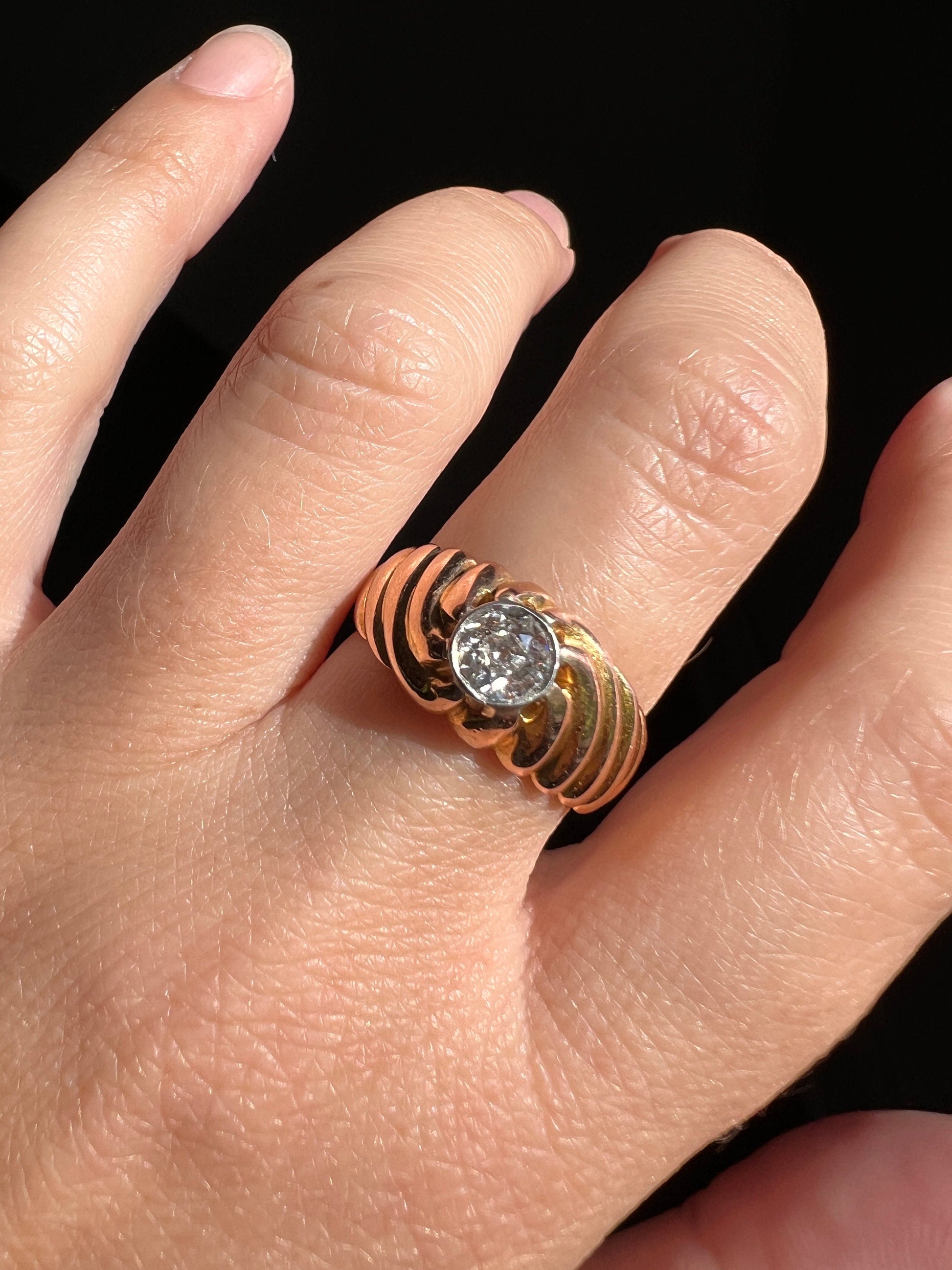 GADROON Chunky .6 Carat Old Mine Cut DIAMOND Wide Band Ring 18k Gold Platinum French Victorian Belle Epoque Ribbed Swirl Stacker 0.6 Ctw OMC
