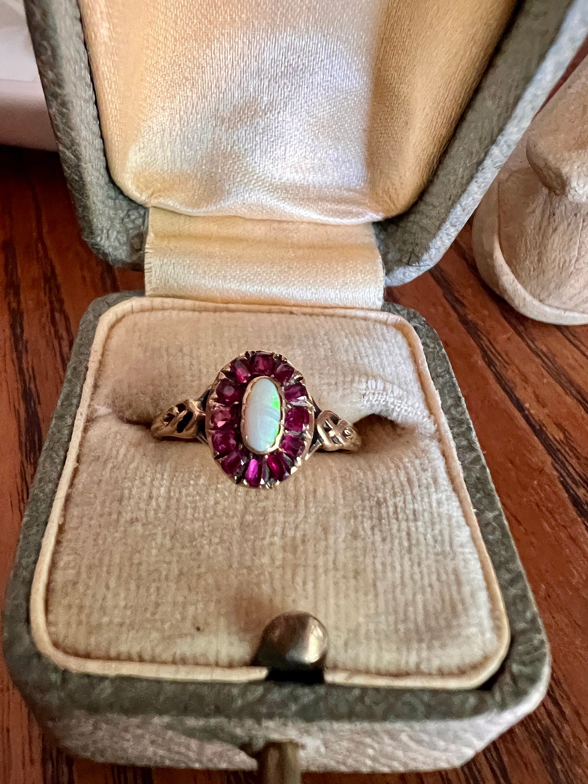 Dainty French Victorian 18k Gold Old Cut RUBY Halo OPAL Ring Antique Braided Shoulders Belle Epoque Art Nouveau Romantic Gift Stacker Pink