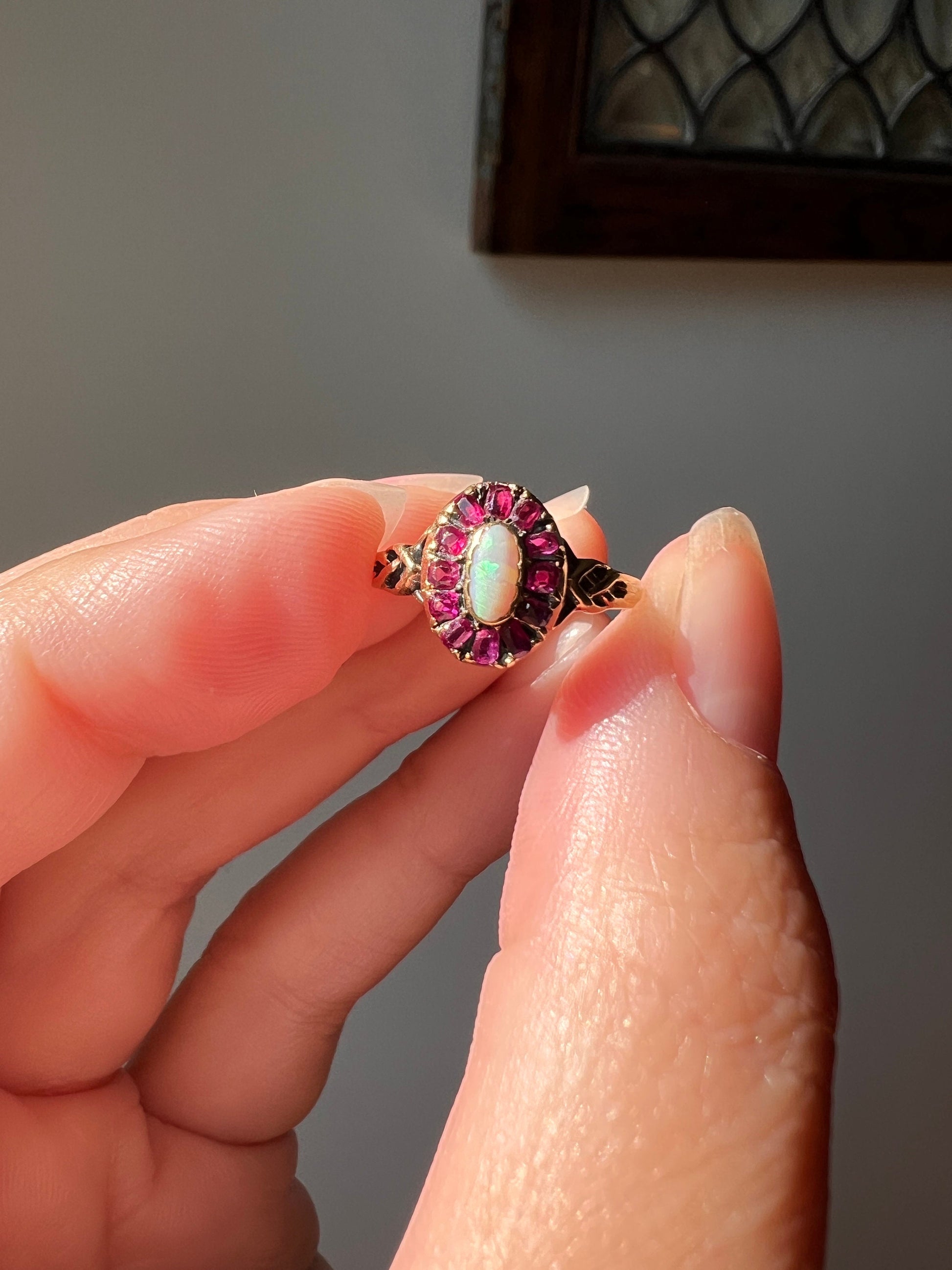 Dainty French Victorian 18k Gold Old Cut RUBY Halo OPAL Ring Antique Braided Shoulders Belle Epoque Art Nouveau Romantic Gift Stacker Pink