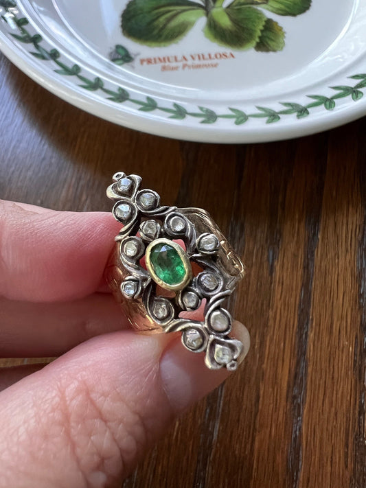 Heavy Ornate Antique Ring 9g 18k Gold EMERALD 14 Rose Cut DIAMOND Engraved Leaf Wide Band Scrolled Shield Large Romantic Gift Early 1900s