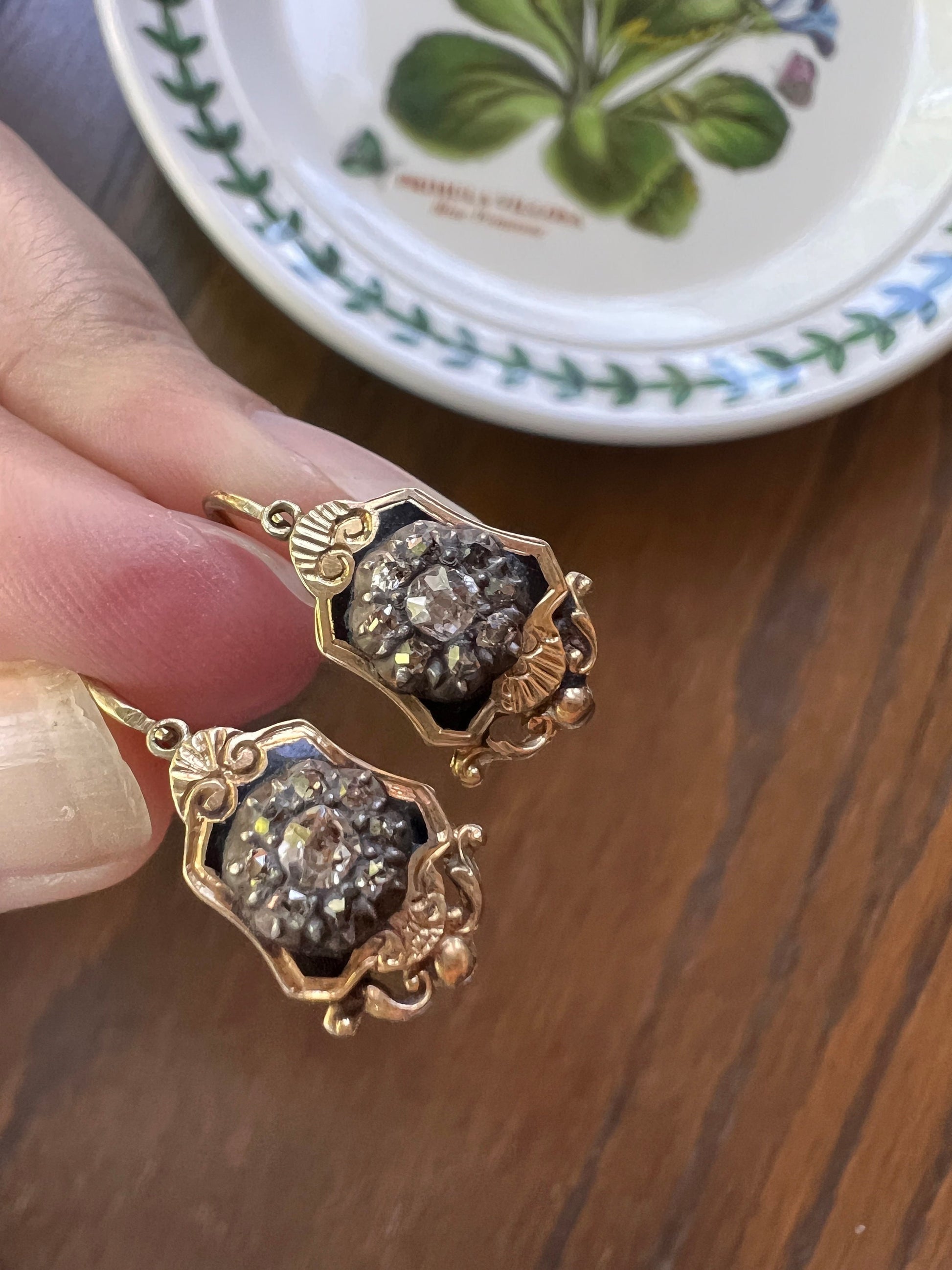 VICTORIAN French ANTIQUE Dormeuse Earrings Old Mine Cut DIAMOND Black Enamel 18k Gold Shield Dangle Romantic Gift Something Old Belle Epoque