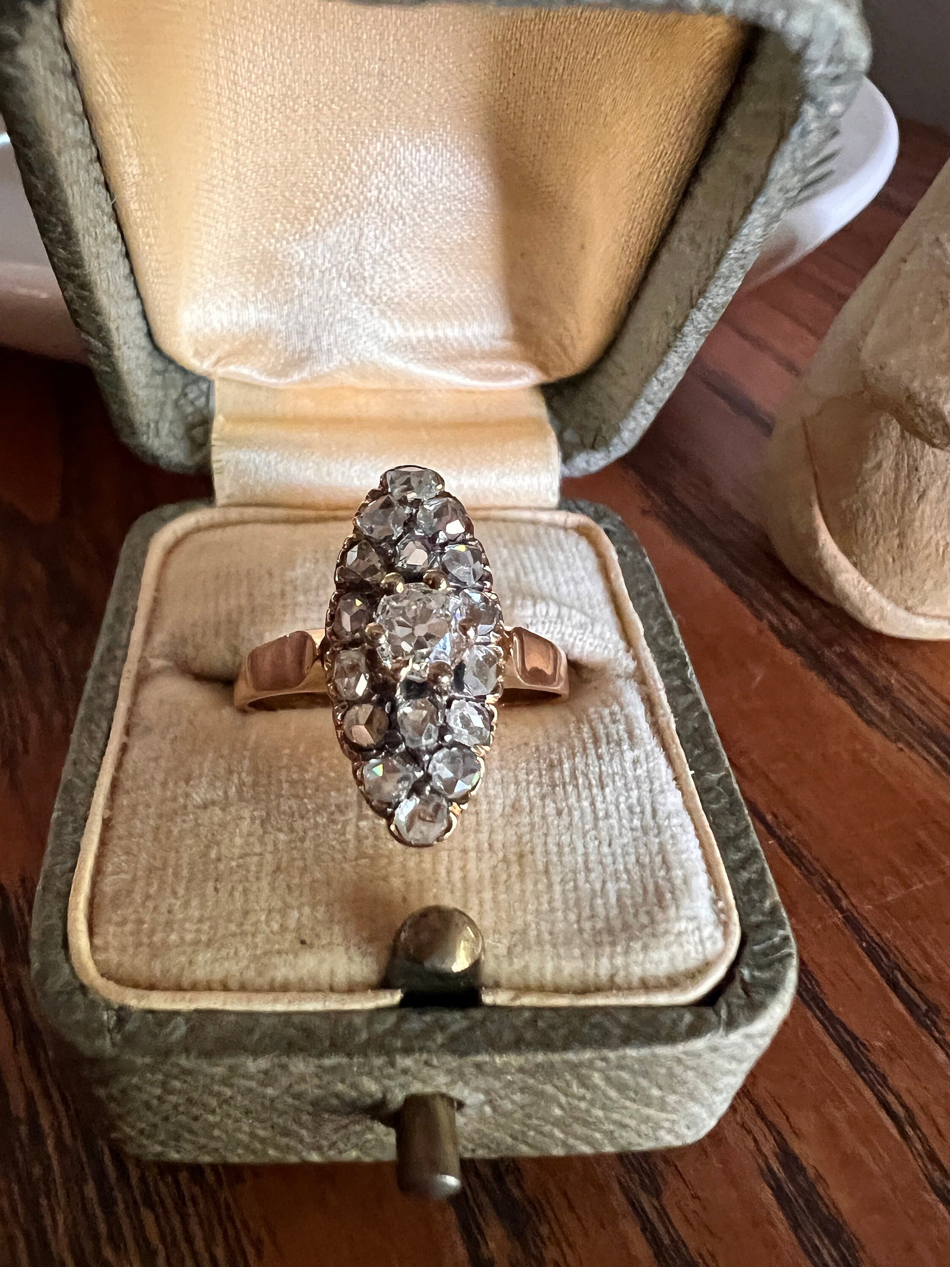 French Antique 1.1 Carat Old Mine Cut DIAMOND 16 Rose Cut Navette Marquise RING 18k GOLD Belle Epoque Stacker Romantic Gift 1.1 Ctw OmC Love