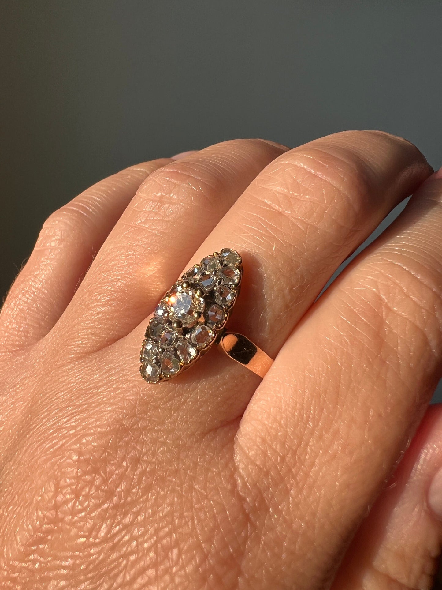 French Antique 1.1 Carat Old Mine Cut DIAMOND 16 Rose Cut Navette Marquise RING 18k GOLD Belle Epoque Stacker Romantic Gift 1.1 Ctw OmC Love