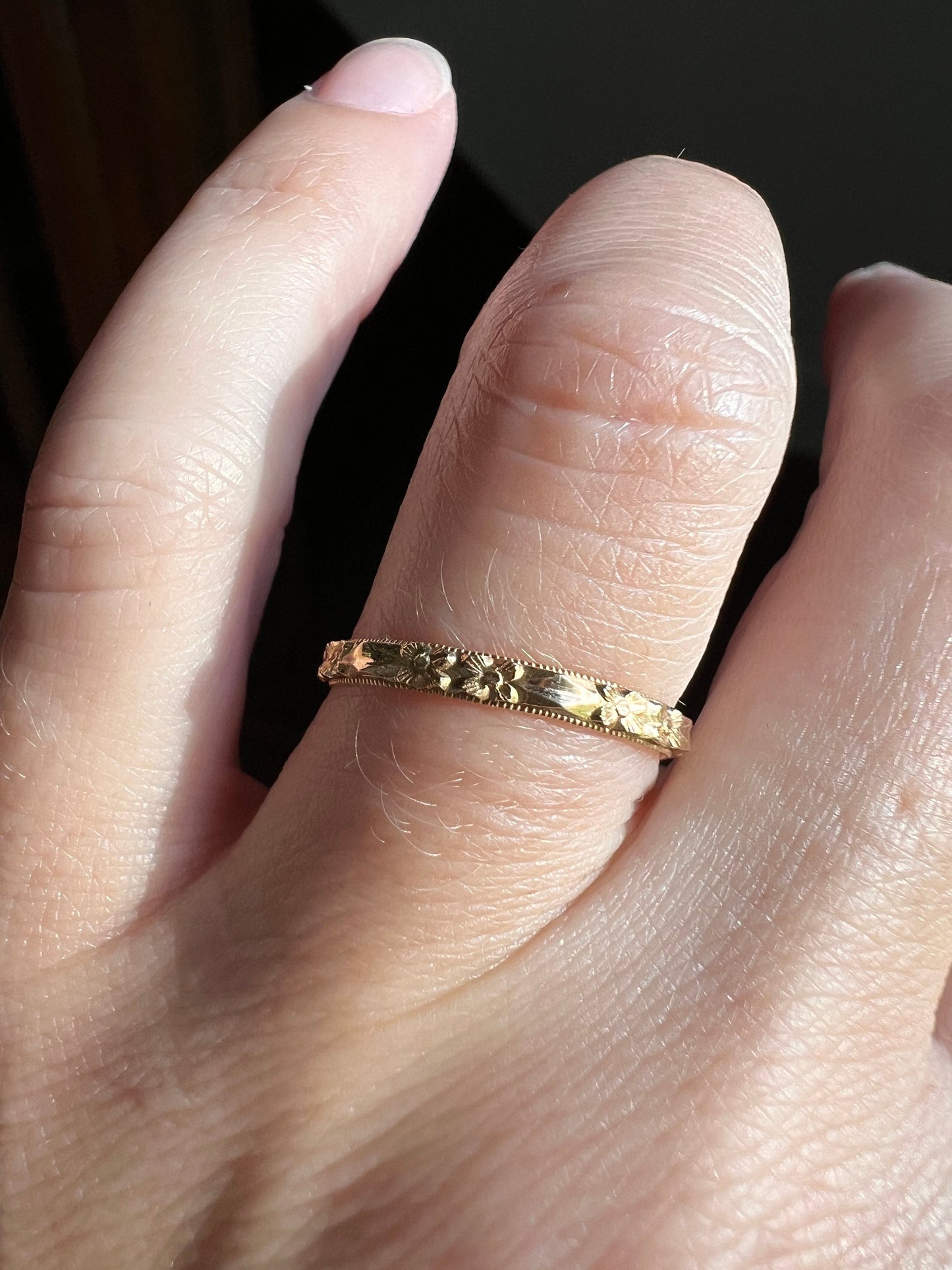 FLORAL Victorian Antique Skinny BAND Stacker Ring 14k GOLD Rosy Double Forget Me Not Orange Blossom Dainty Minimalist Romantic Gift Milgrain