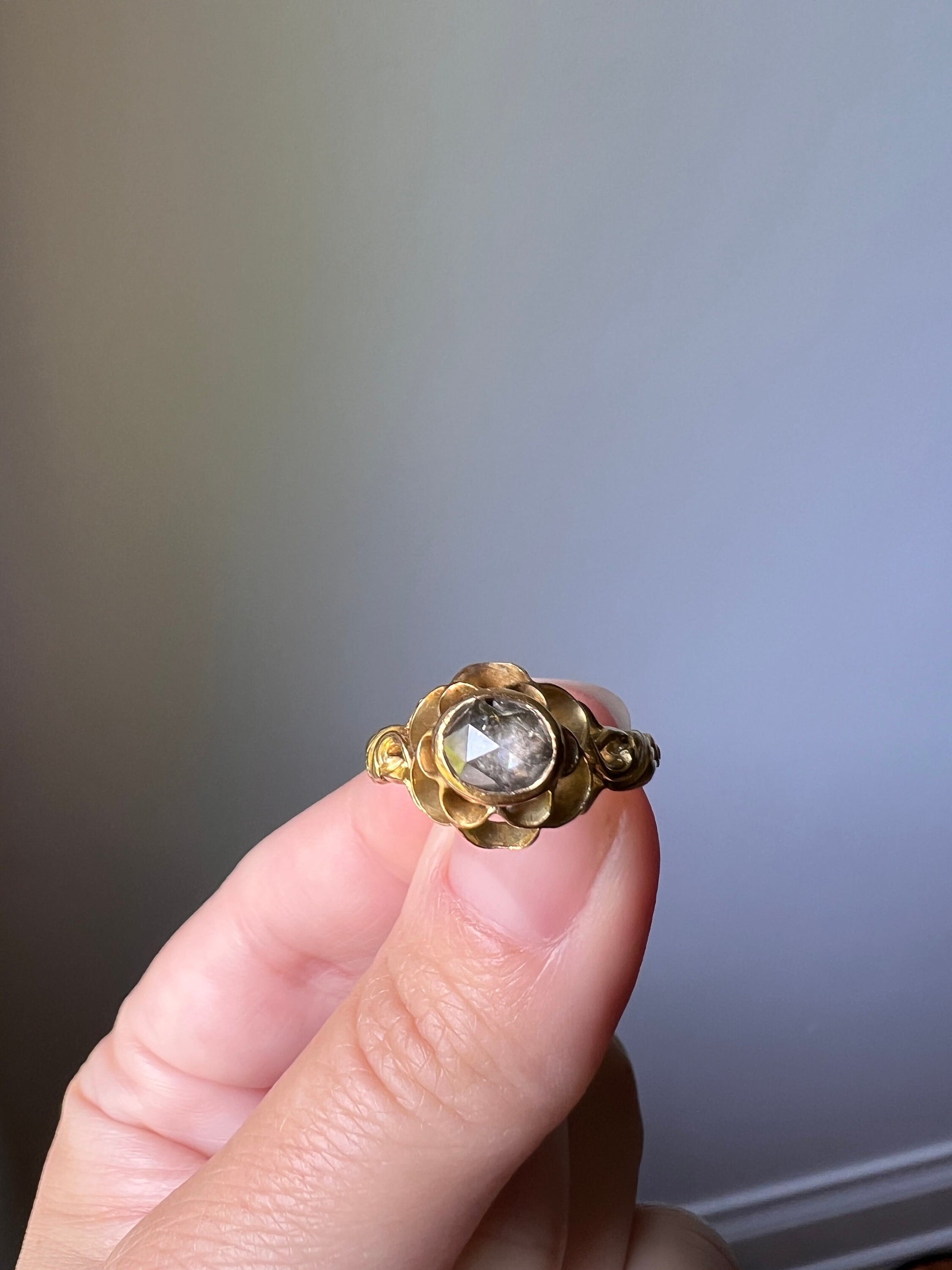 Large BUTTERCUP Acanthus LEAF French VICTORiAN Antique Rose Cut Diamond Ring 18k Gold Foiled Disco Ball Ornate Romantic Gift Belle Epoque