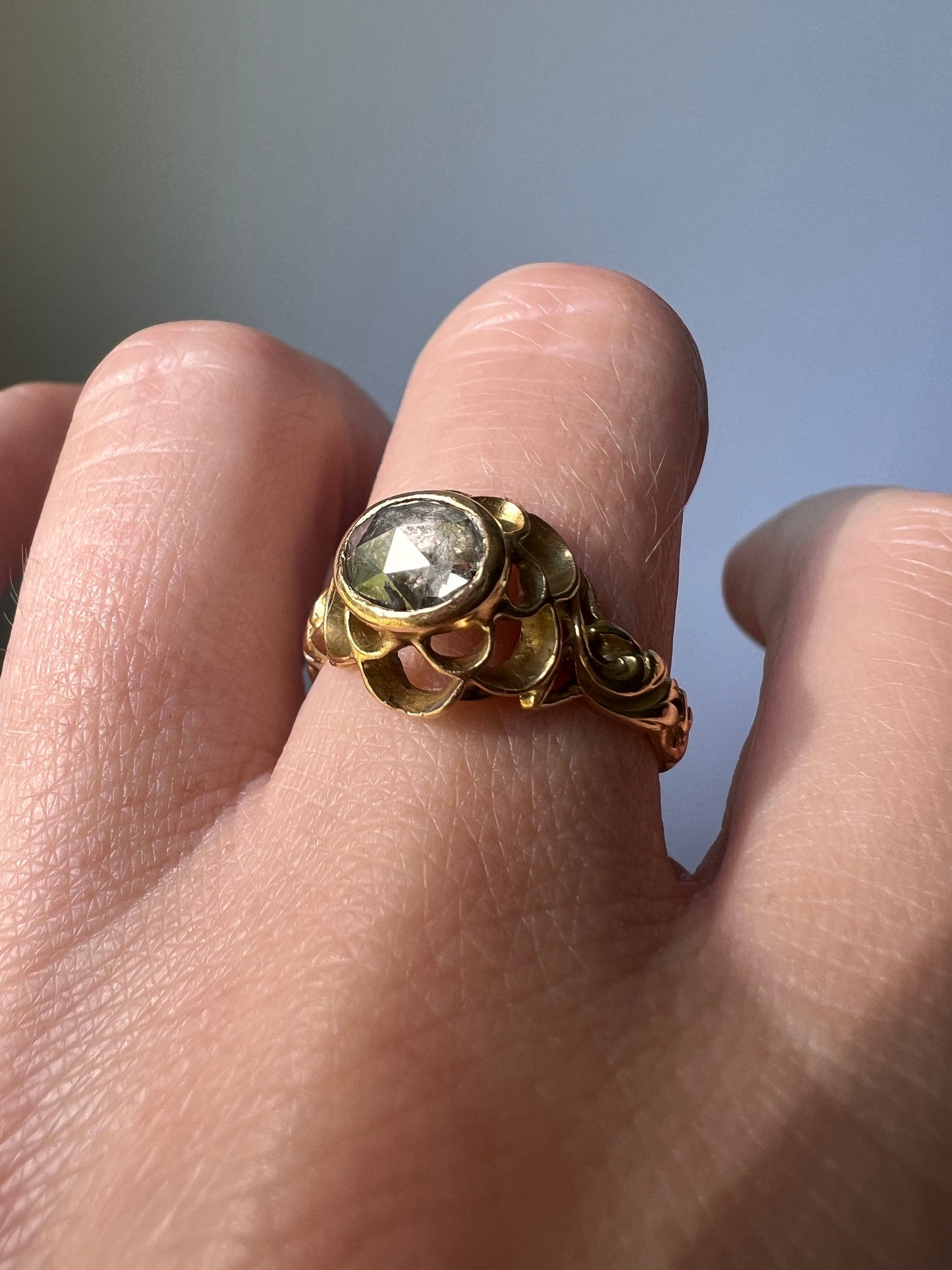 Large BUTTERCUP Acanthus LEAF French VICTORiAN Antique Rose Cut Diamond Ring 18k Gold Foiled Disco Ball Ornate Romantic Gift Belle Epoque