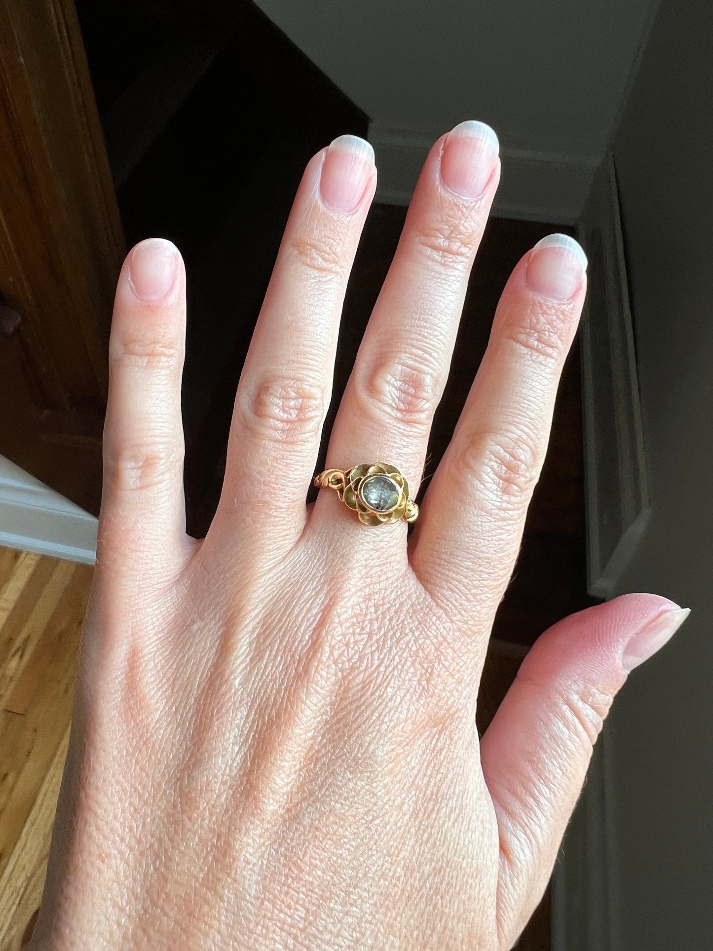 Large BUTTERCUP Acanthus LEAF French VICTORiAN Antique Rose Cut Diamond Ring 18k Gold Foiled Disco Ball Ornate Romantic Gift Belle Epoque