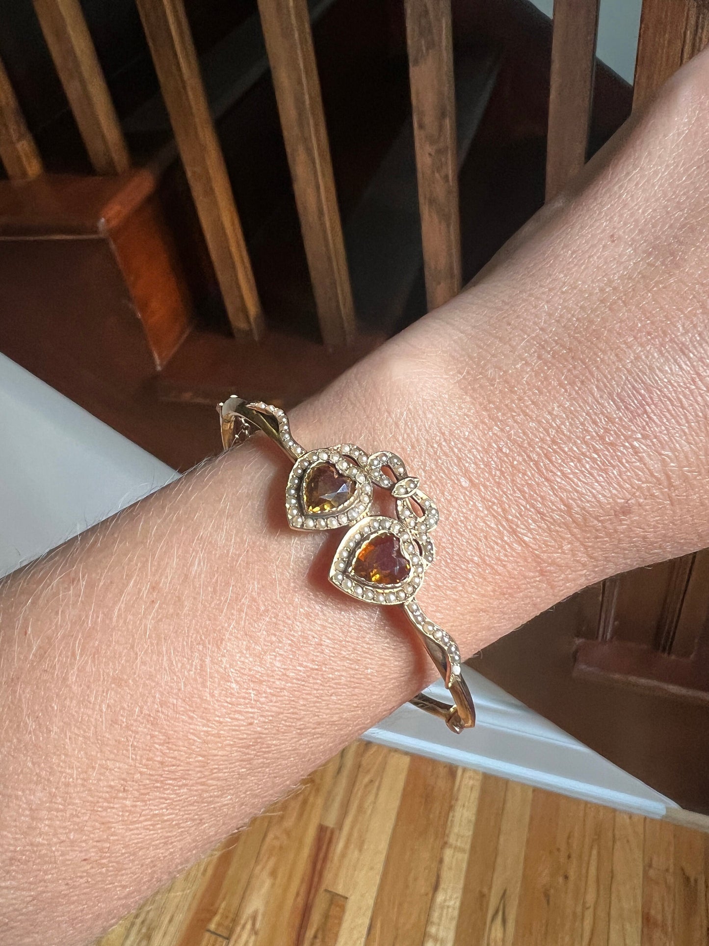 FIGURAL Double HEART Bowed CITRINE Seed Pearl Antique Hinged Bangle Bracelet 15k Gold Ribbon Stacker Wriststack Romantic Victorian Not 14k