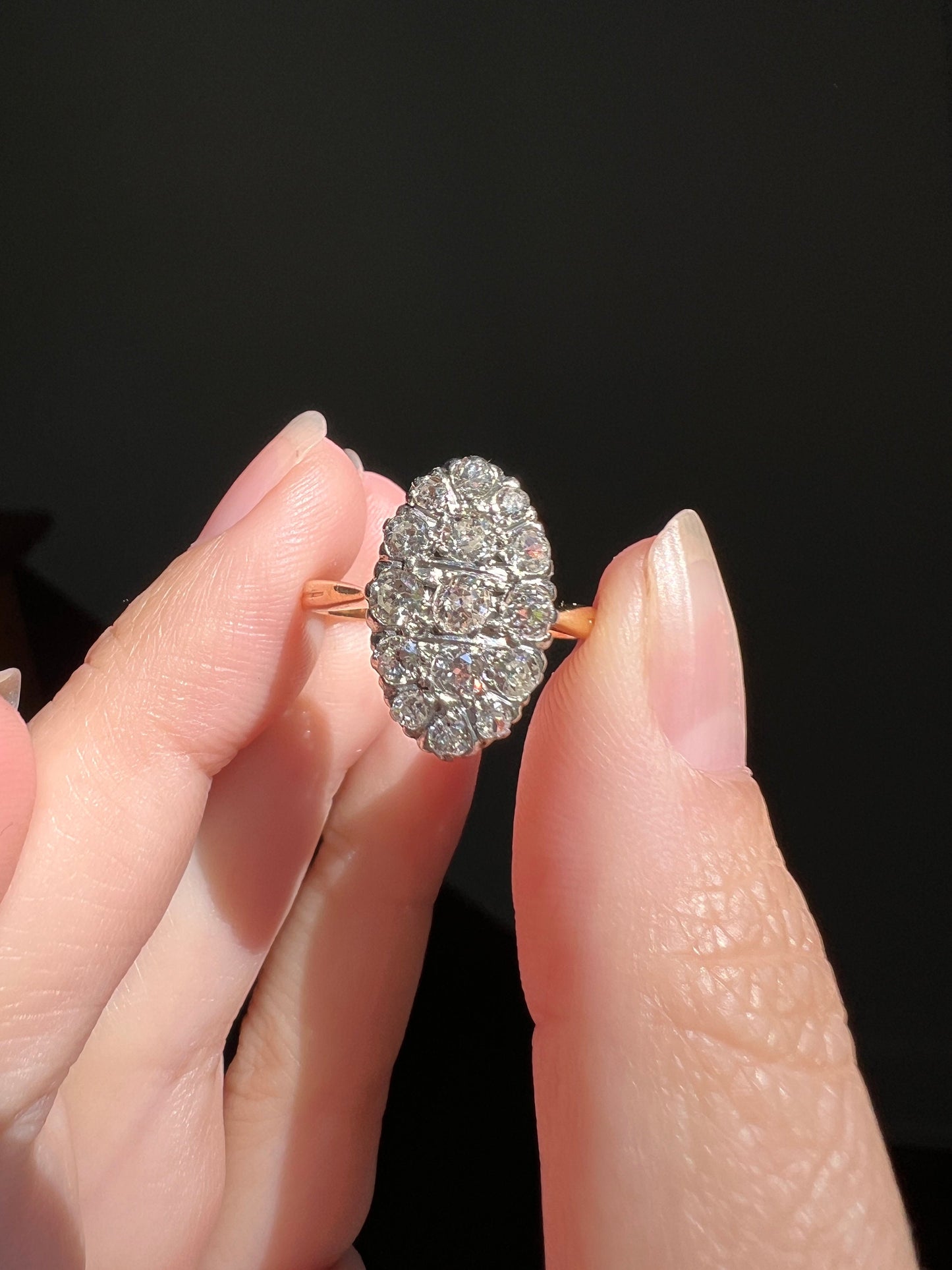 OVAL .8 Carat Old European Mine Cut DIAMOND Cobblestone Cluster Ring 18k Gold Platinum French Victorian Belle Epoque Old Hallmark Stacker