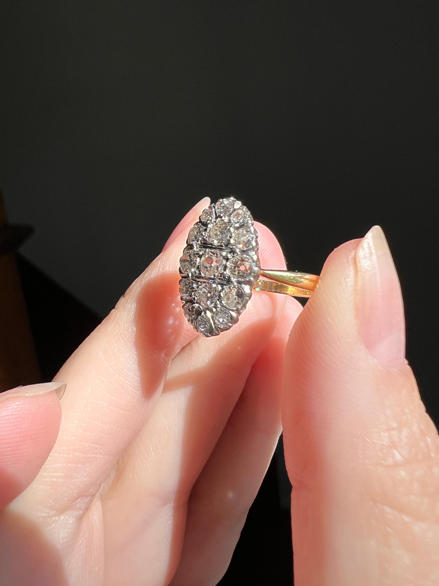 OVAL .8 Carat Old European Mine Cut DIAMOND Cobblestone Cluster Ring 18k Gold Platinum French Victorian Belle Epoque Old Hallmark Stacker