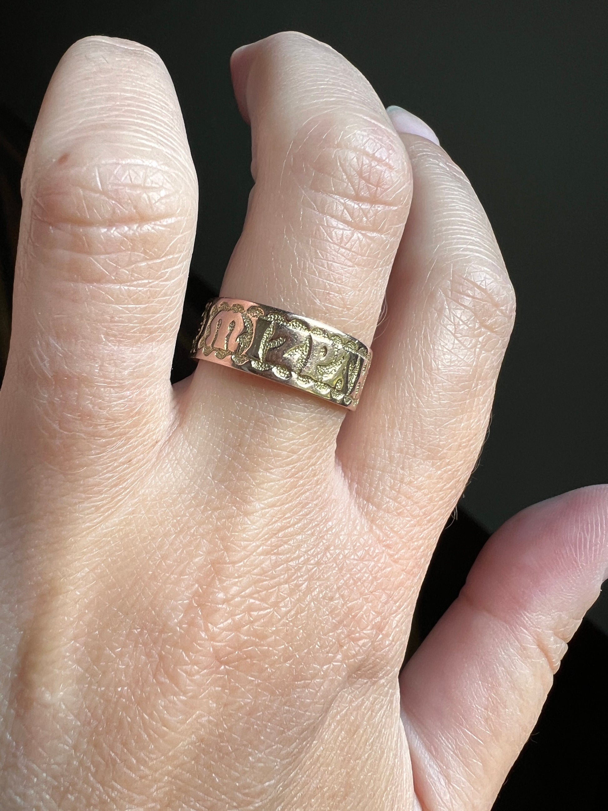 MIZPAH Antique Victorian Gothic Font c1883 Band Wide Ring 9k Rose & Yellow Gold Romantic Gift Jewelry with Words Pebble Texture Background