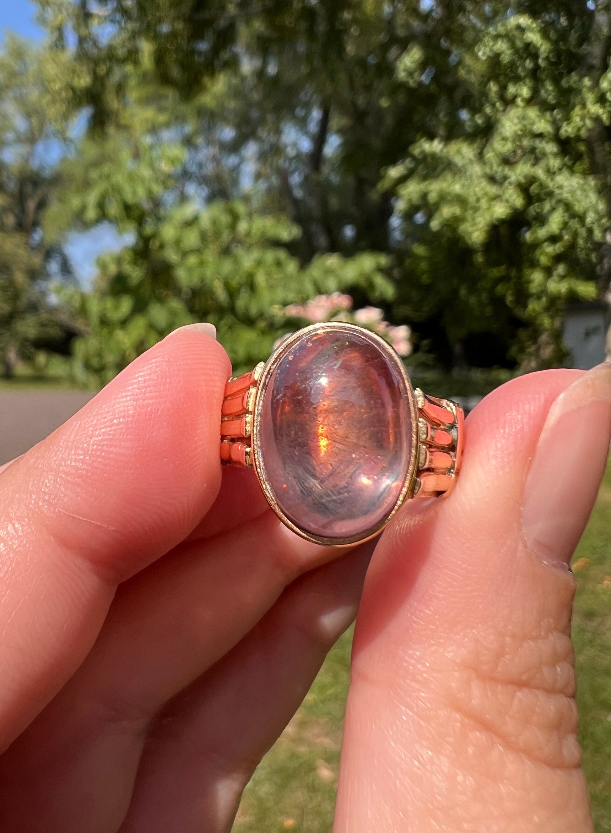 Glowing Dusty Rose PINK Sapphire Moonstone? French Antique Ring 18k Rose Gold Wide Band Chunky Romantic Gift Oval Orb Victorian Belle Epoque