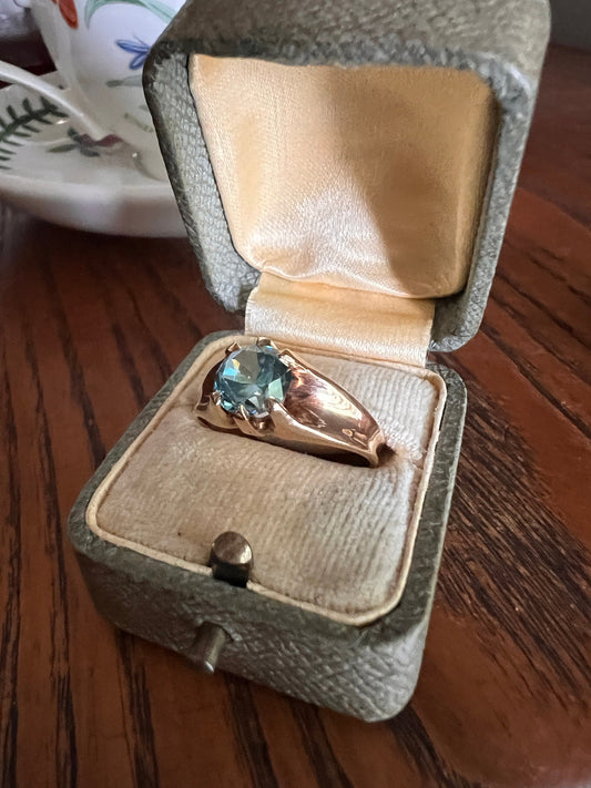 Vintage 1 Carat Natural Old Cut BLUE ZIRCON Wide Stacker Gypsy BAND Ring Rosy 10k Gold Chunky Romantic Gift Glowing Fire Unisex Ringstack
