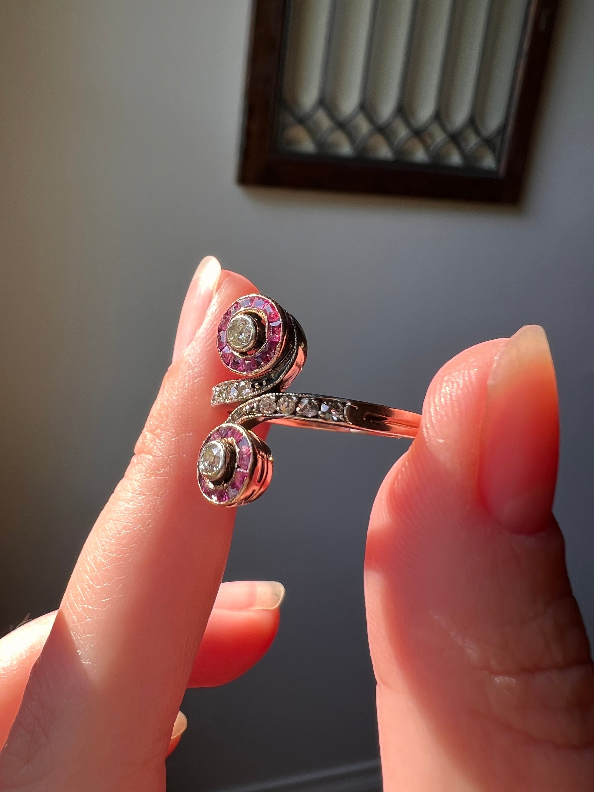 French ANTIQUE Old Mine Cut DIAMOND Toi et Moi Ring Natural Ruby Halo Infinity Swirl 14k Rose Gold Art Nouveau Victorian Romantic Gift OmC