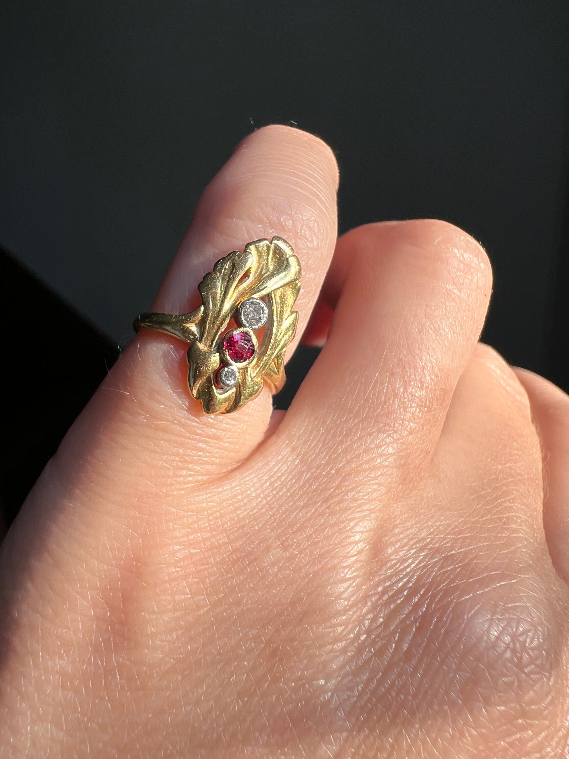 Ginkgo LEAF Art Nouveau French Antique RUBY Old Cut Diamond Ring 18k Gold Red Pinky Figural Belle Epoque Victorian Three Stone Red PC Pinky