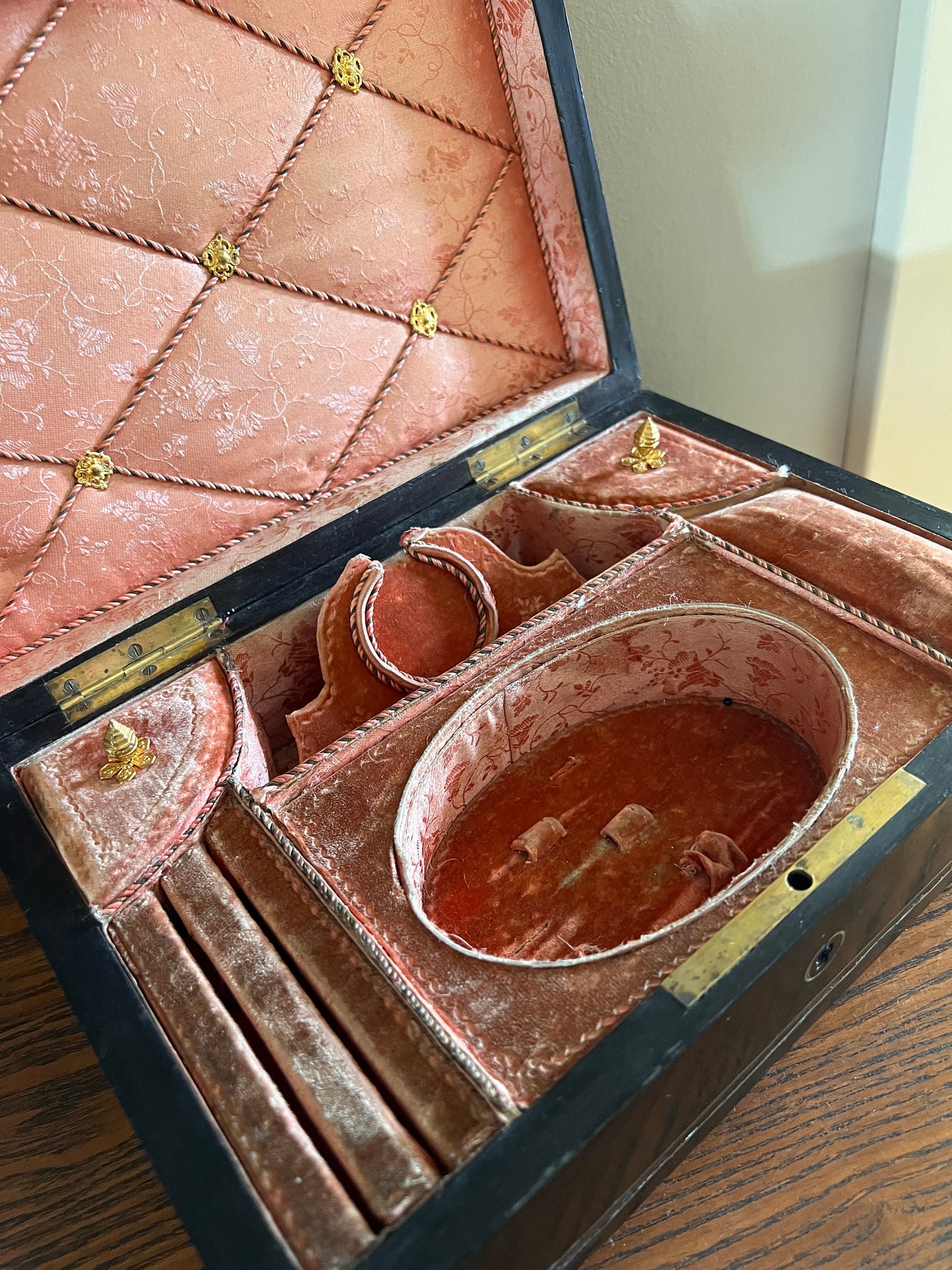 GORGEOUS French ORIGINAL Antique XL Wooden Jewelry Box Footed Inlay Brass Burl Salmon Pink Velvet Silk Interior Ring Holder Slot Compartment