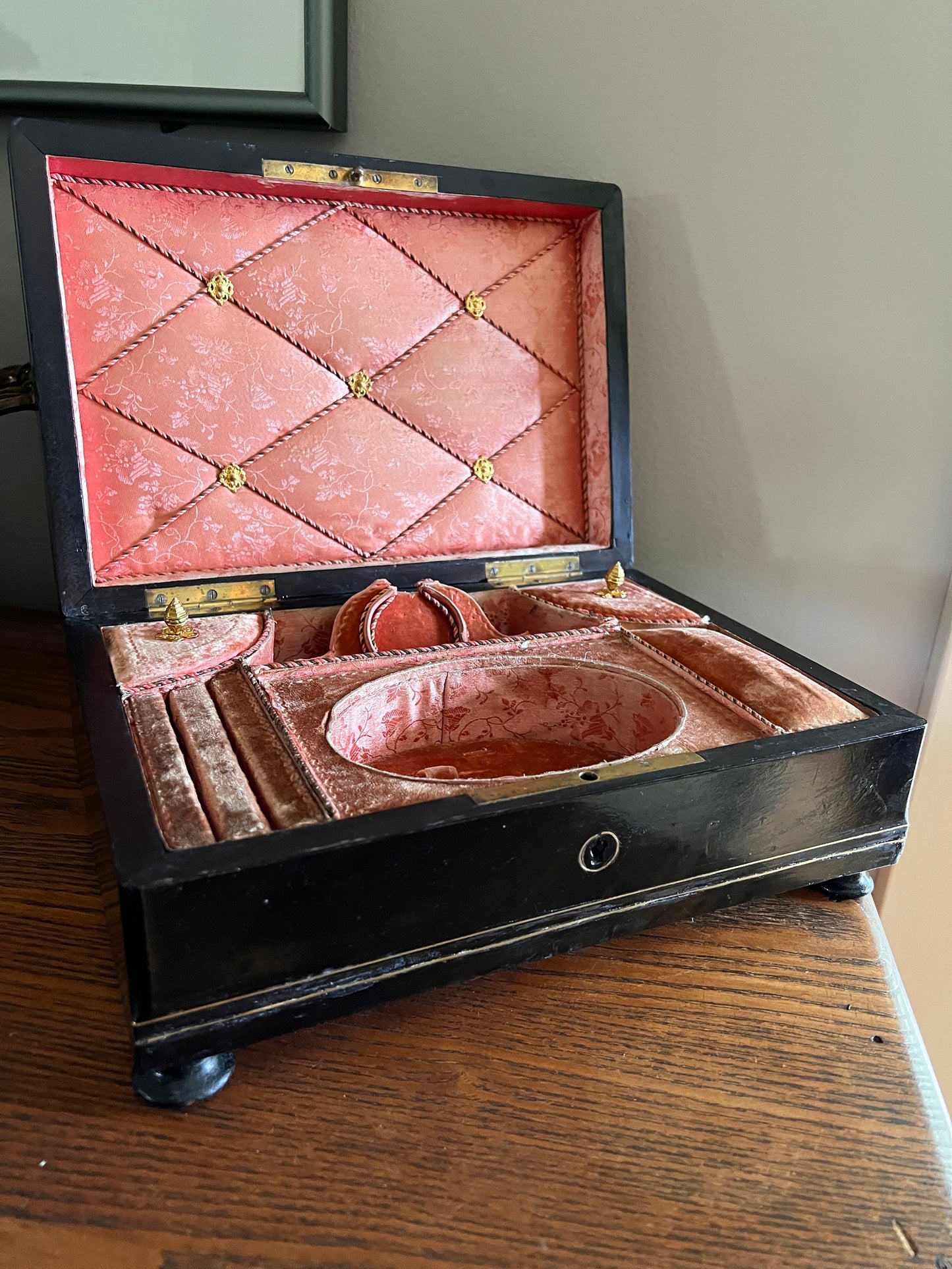 GORGEOUS French ORIGINAL Antique XL Wooden Jewelry Box Footed Inlay Brass Burl Salmon Pink Velvet Silk Interior Ring Holder Slot Compartment