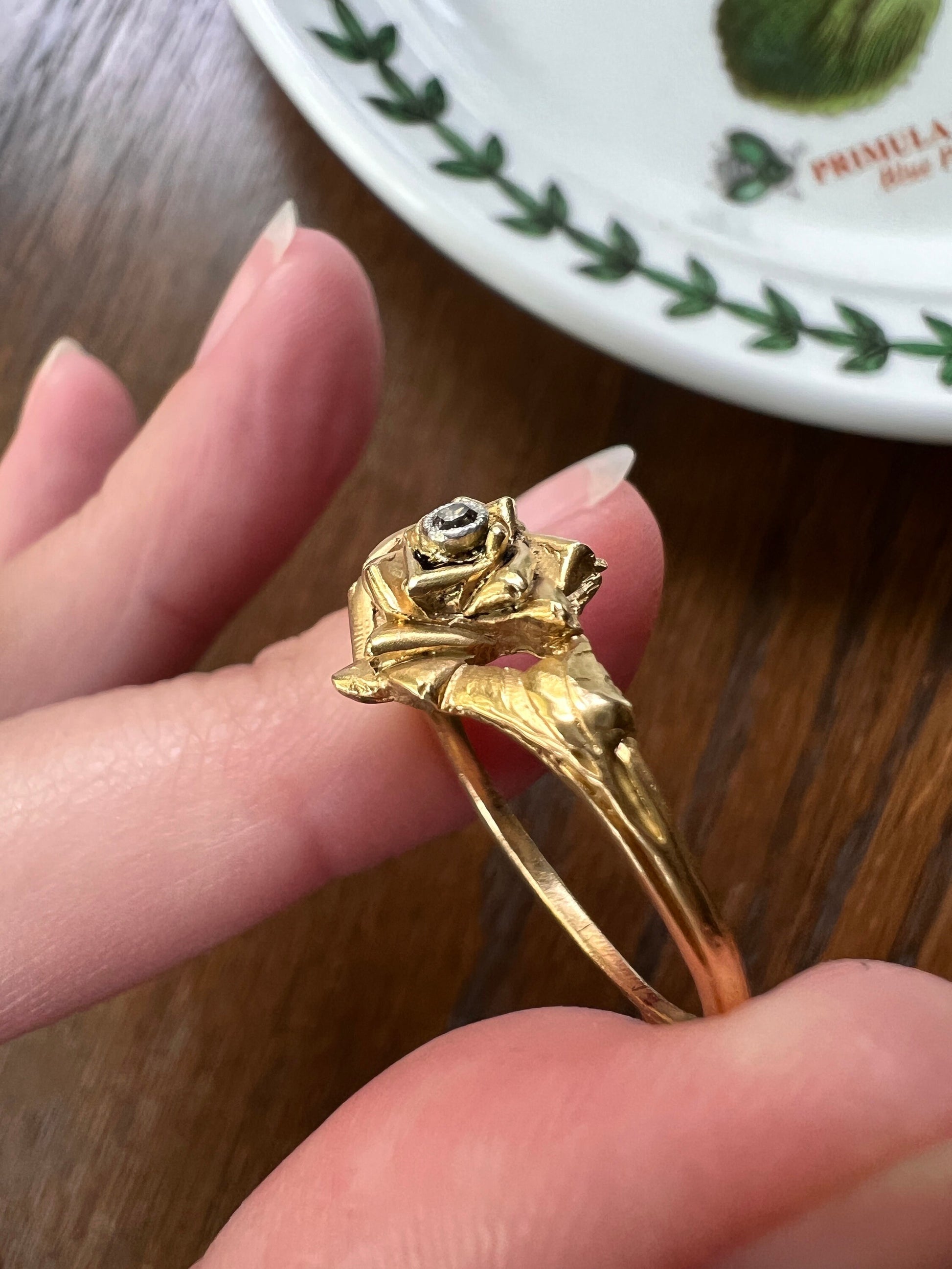 ROSE Floral Figural French Art Nouveau Antique Single Cut Diamond 18k Gold Ring Stacker Buttery Glow Romantic Gift Unique Belle Epoque Bud