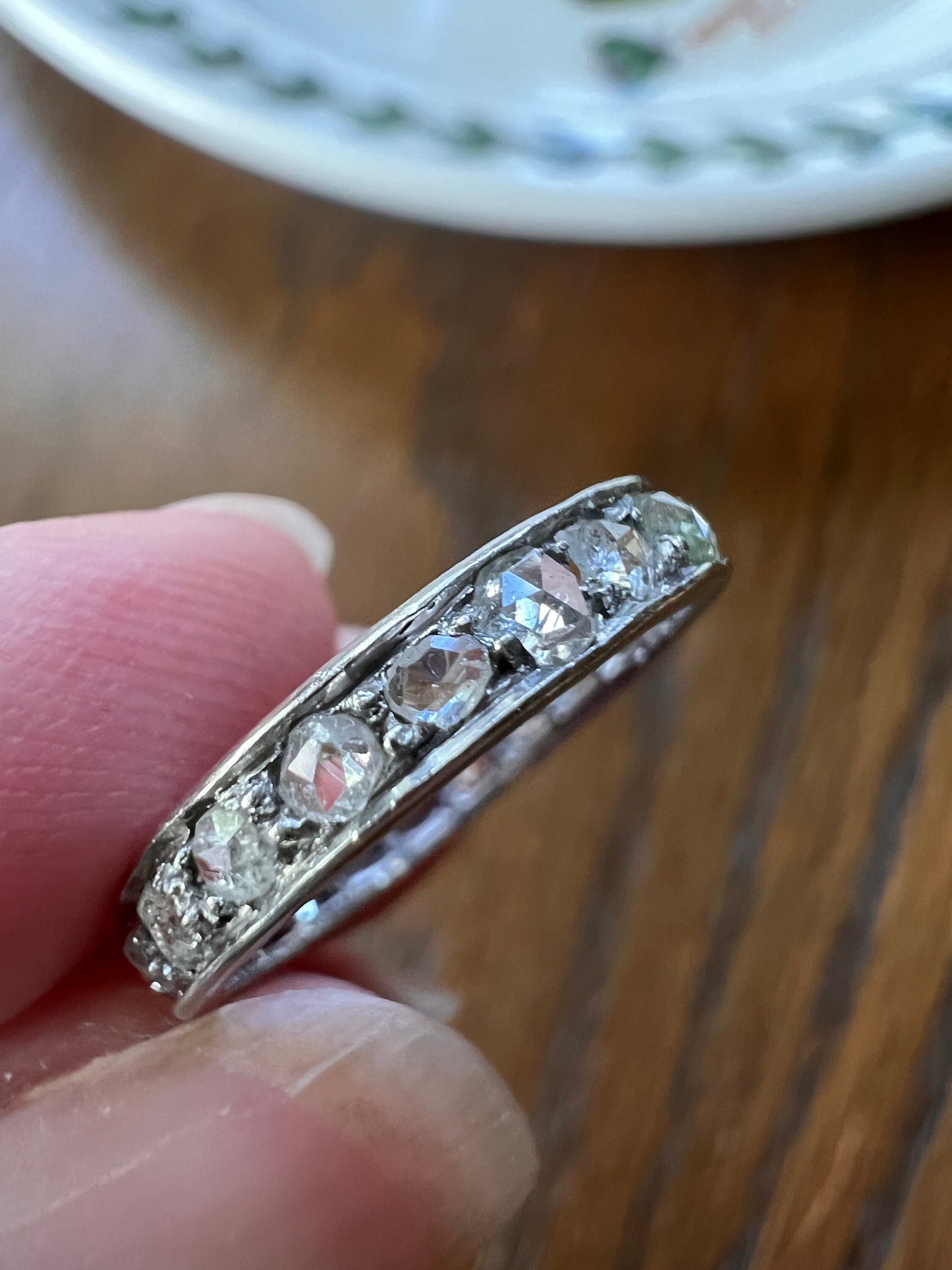 French ANTIQUE Rose Cut DIAMOND Full Eternity Band PLATINUM Ring Dainty Skinny Stacker Romantic Gift Engraved Edge Belle Epoque Edwardian