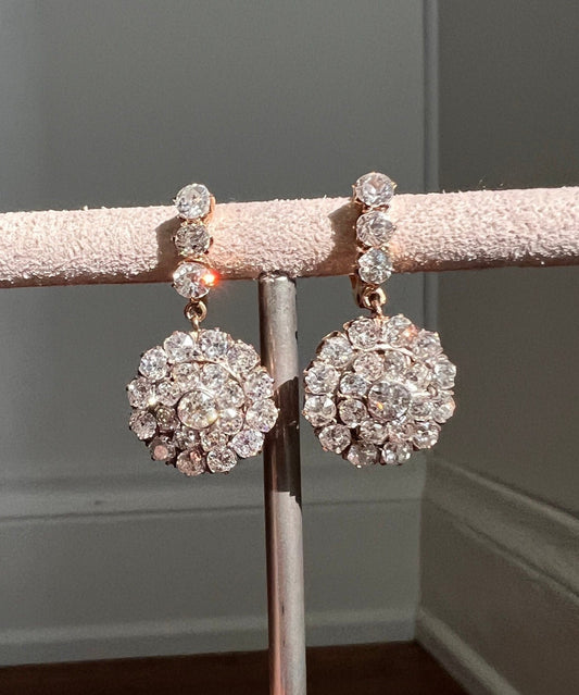 XL Antique 4 1/3 Carat Old Mine DIAMOND Cluster Dangle Earrings 18k Gold ViCTORIAN Bullseye Halo Drop Dormeuse Bridal Something Old Rare OmC