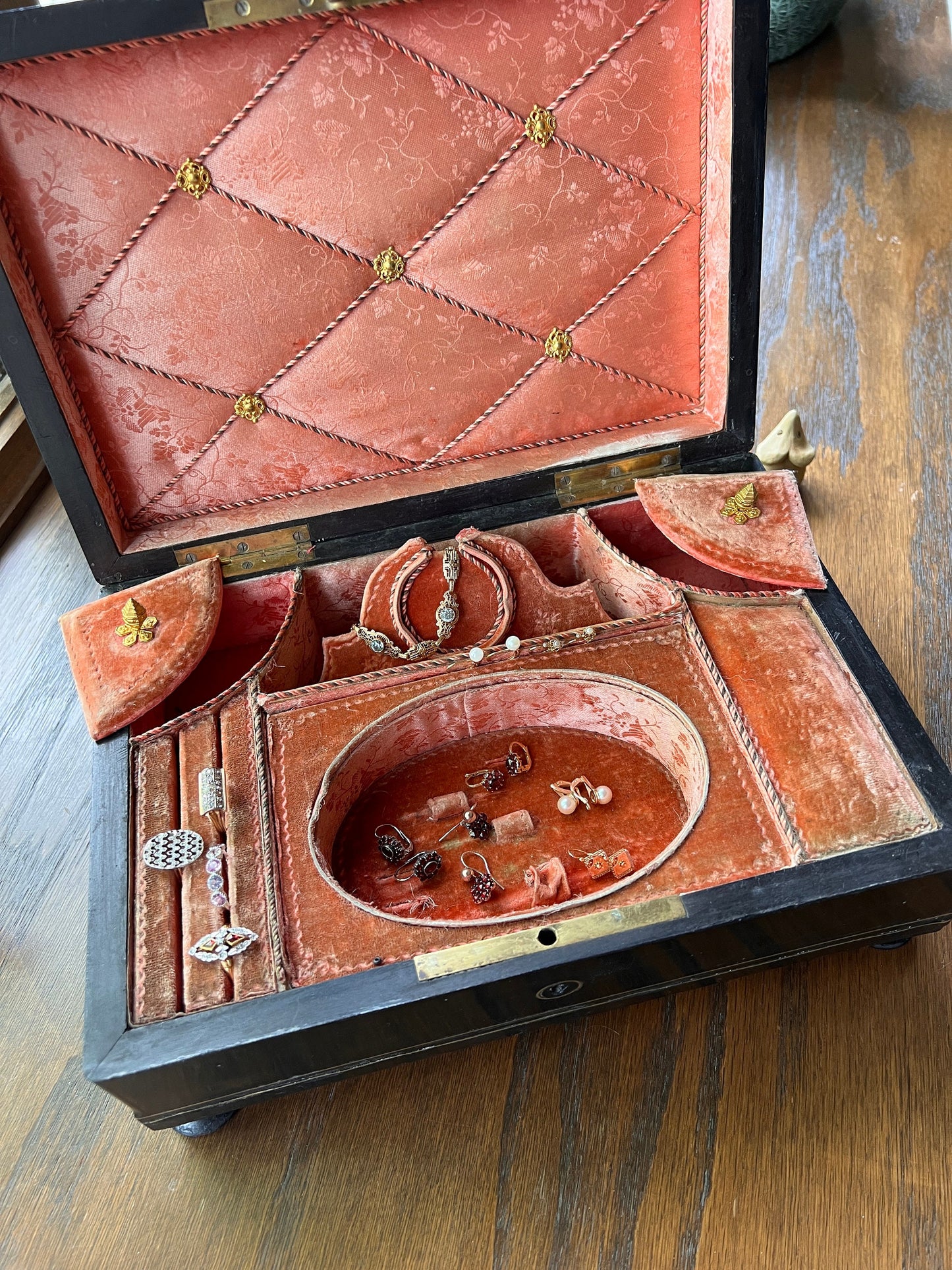 GORGEOUS French ORIGINAL Antique XL Wooden Jewelry Box Footed Inlay Brass Burl Salmon Pink Velvet Silk Interior Ring Holder Slot Compartment