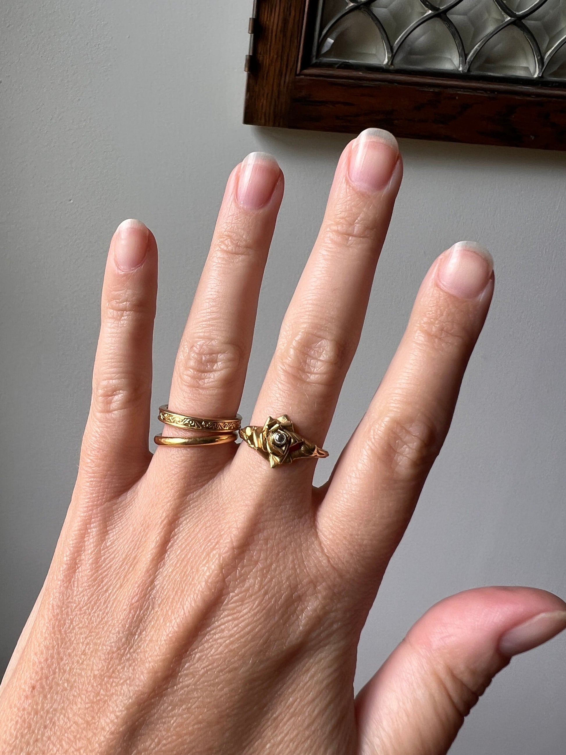 ROSE Floral Figural French Art Nouveau Antique Single Cut Diamond 18k Gold Ring Stacker Buttery Glow Romantic Gift Unique Belle Epoque Bud