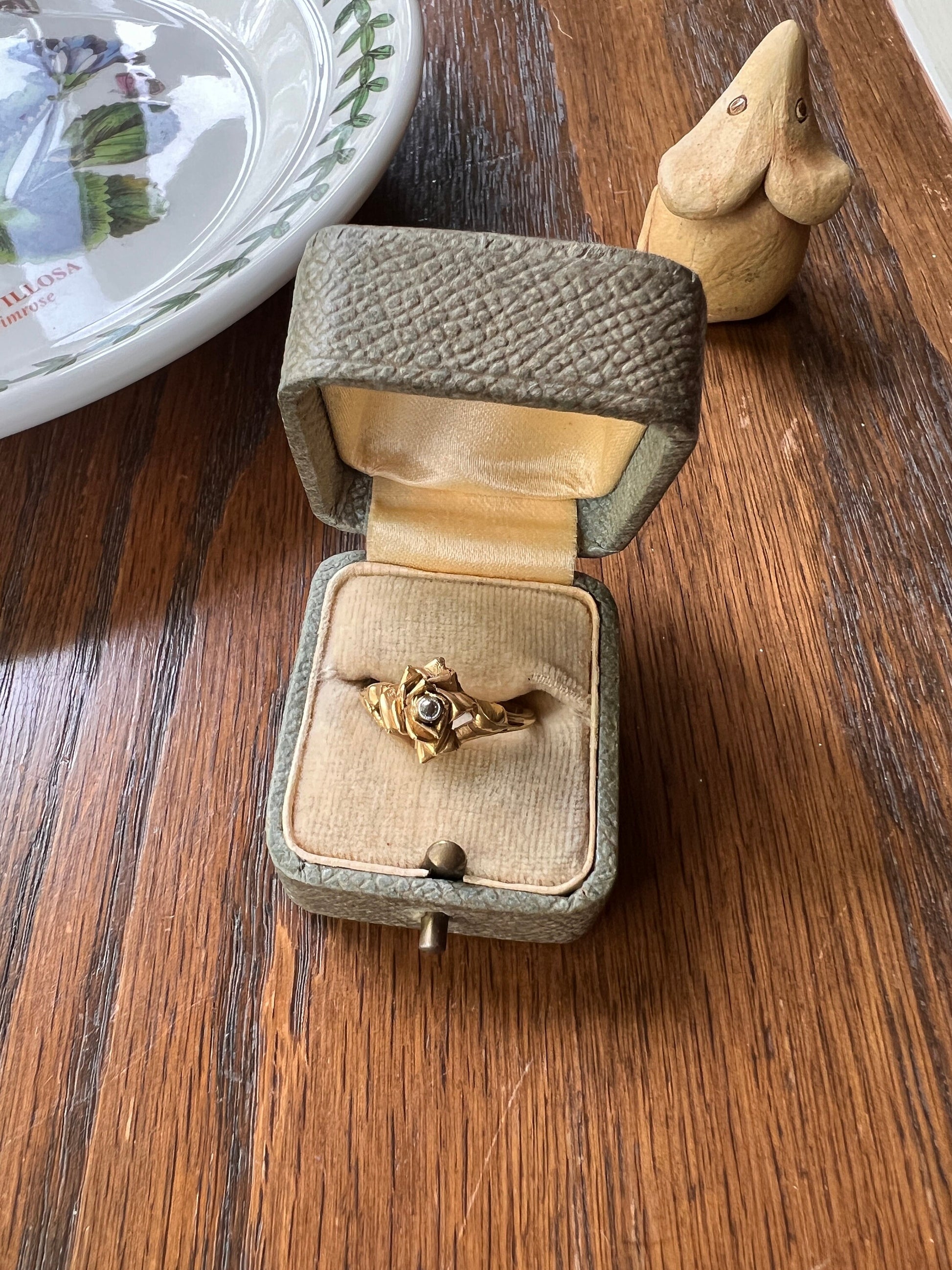 ROSE Floral Figural French Art Nouveau Antique Single Cut Diamond 18k Gold Ring Stacker Buttery Glow Romantic Gift Unique Belle Epoque Bud