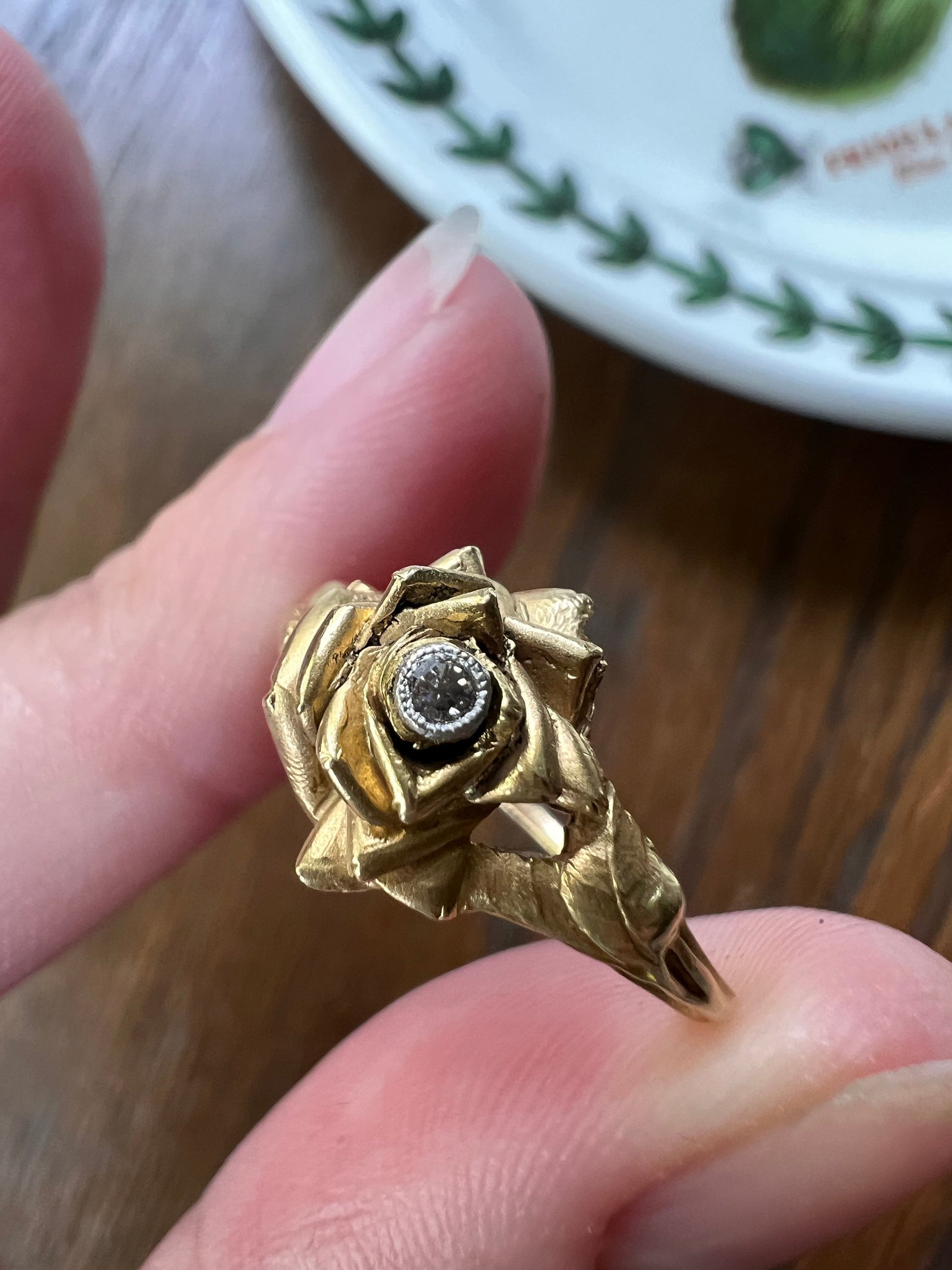 ROSE Floral Figural French Art Nouveau Antique Single Cut Diamond 18k Gold Ring Stacker Buttery Glow Romantic Gift Unique Belle Epoque Bud