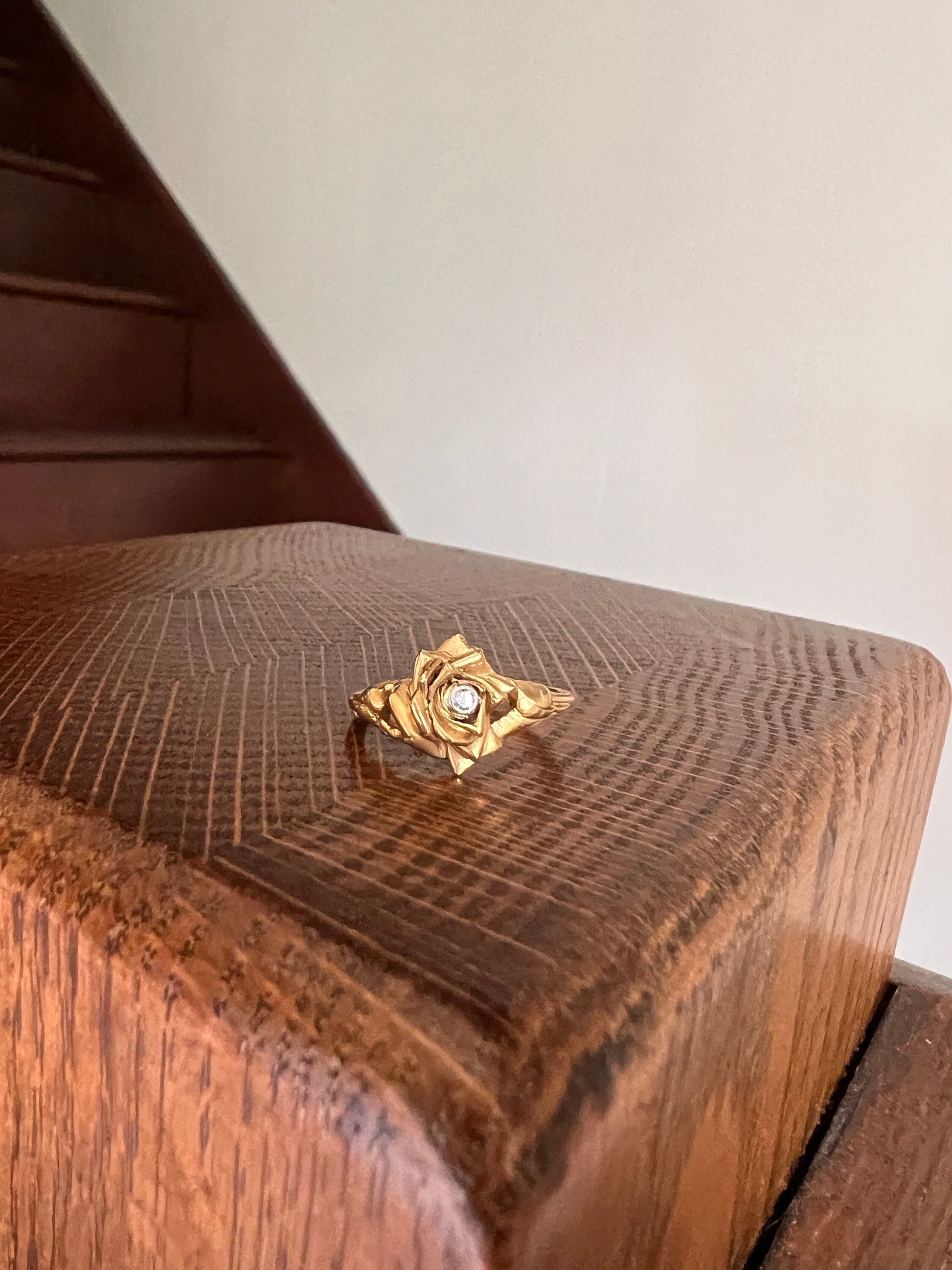 ROSE Floral Figural French Art Nouveau Antique Single Cut Diamond 18k Gold Ring Stacker Buttery Glow Romantic Gift Unique Belle Epoque Bud