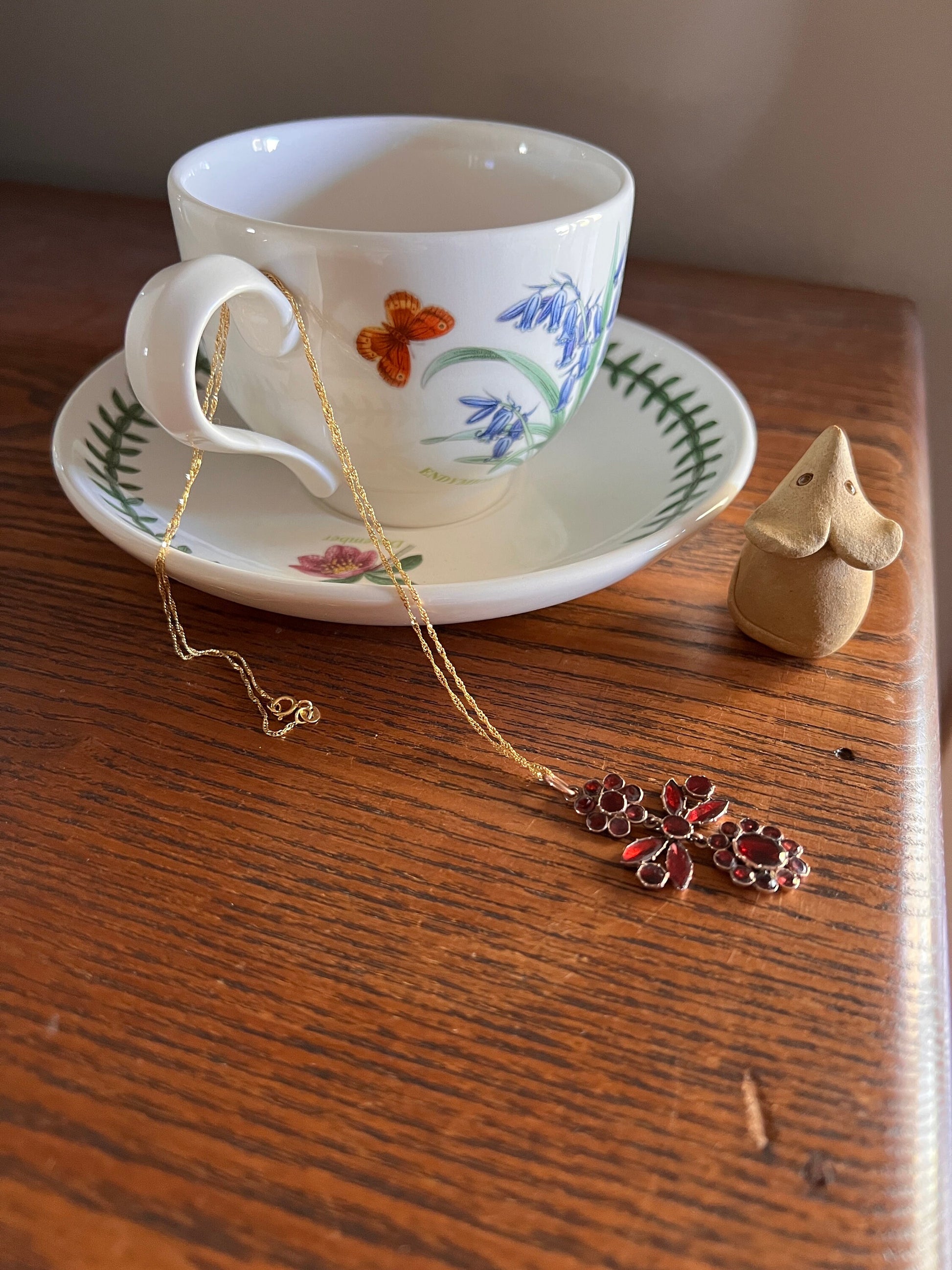 FLORAL Georgian Era Foiled Flat Cut GARNET Pendant 9k Rose Gold on 14k Later Yellow Gold Chain Glowing Red Necklace Romantic Gift Victorian